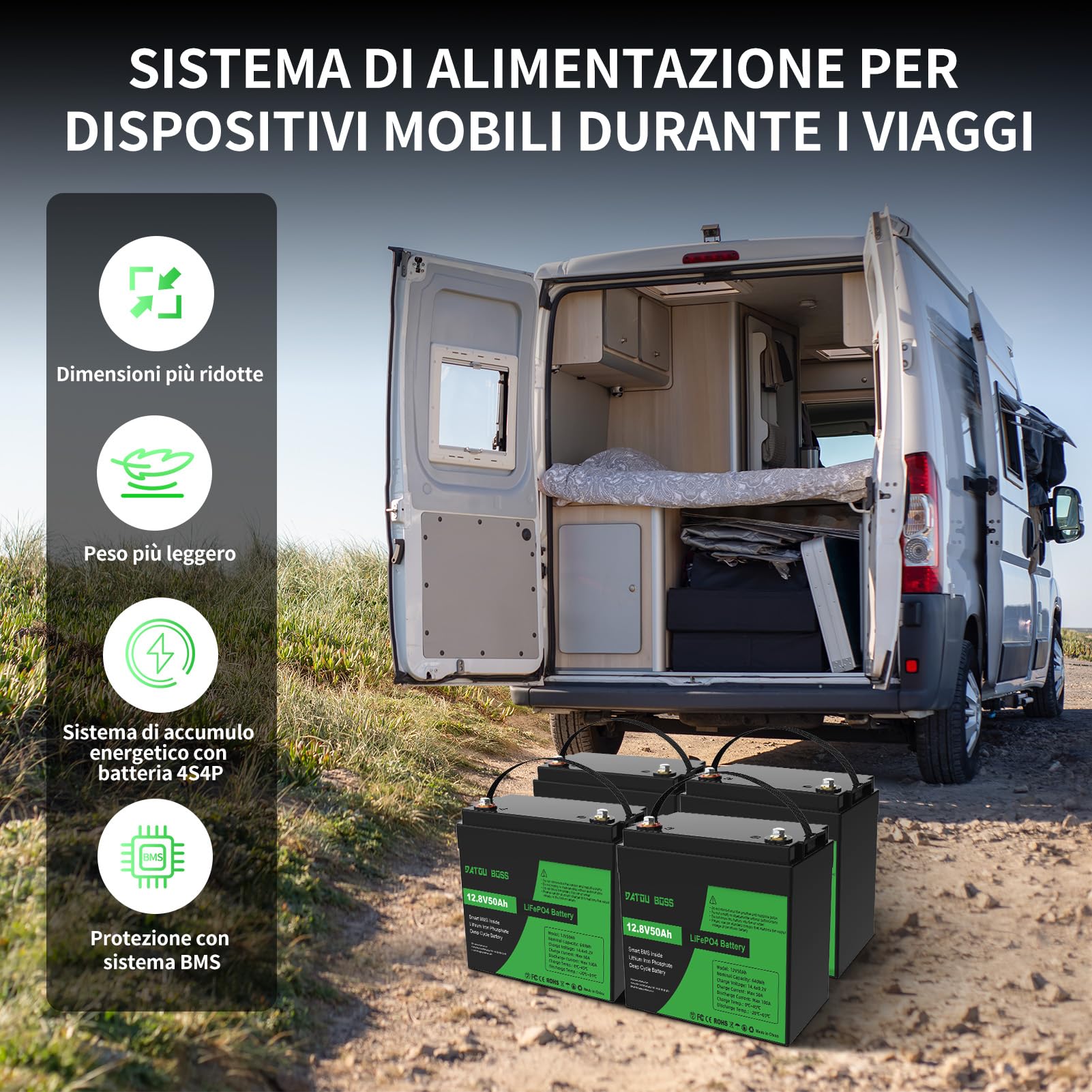 DATOUBOSS Batteria al Litio 12V 50Ah LiFePO4, integrata 50A BMS 15000+cicli Batteria al litio a ciclo profondo MAX 640W Supporto di potenza in serie/parallelo, perfetto per solare, RV.