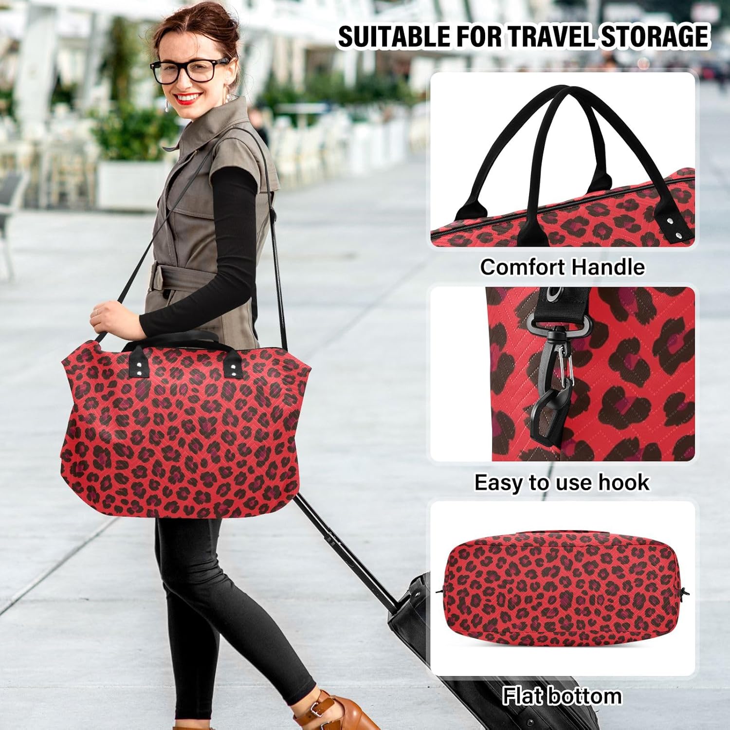Travel Duffle Bag, Red Leopard Print Cheetah Gym Bag with Storage Bag Weekender Overnight Bag for Men Women Trip Sports Yoga