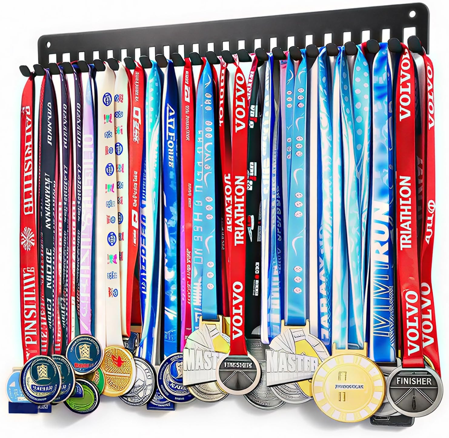 Ahomiwow Wall Mounted Medal Holder Organizer Rack, 15.4 Inch Metal Storage Frame with 24 Hanging Hooks, Holds 60 Sport Medals & Race Bibs, Simple Installation 1 Pack