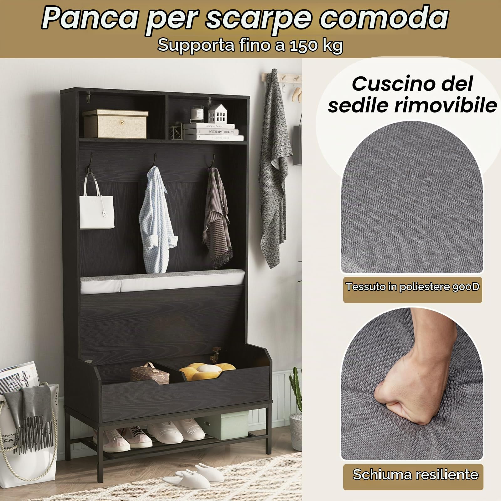 HOMASIS 4 in 1 Stand Appendiabiti da Terra, Mobile Ingresso con Scarpiera, Cassetto, Panca per Scarpe, 2 Scomparti e 3 Ganci, Armadio Aperto da Corridoio, Camera da Letto, 90 x 39 x 170 cm (Nero)