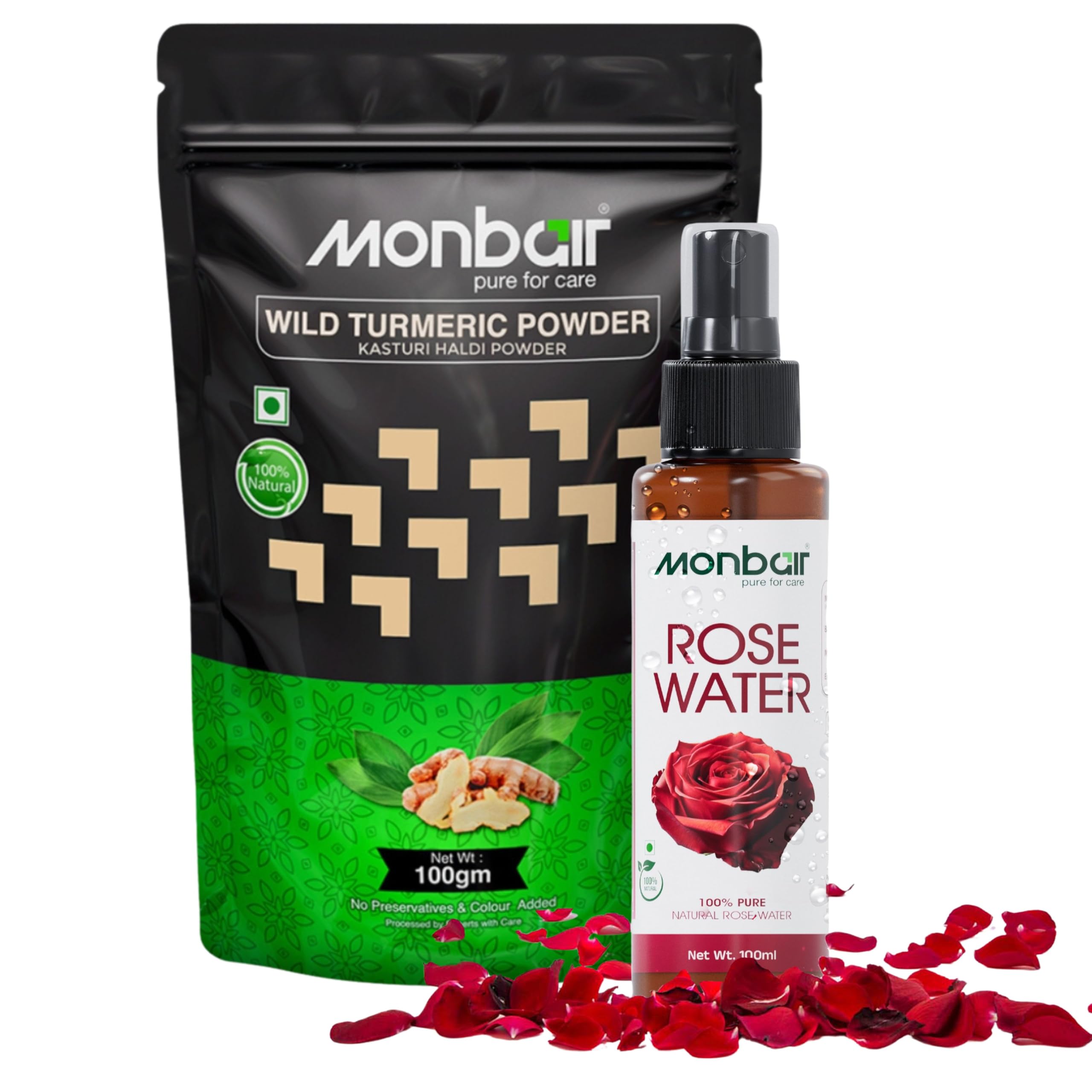 Monbair Wild Turmeric Powder 100g and Rose Water 100ml Combo for Natural Skin Care - Glowing & Radiant Skin