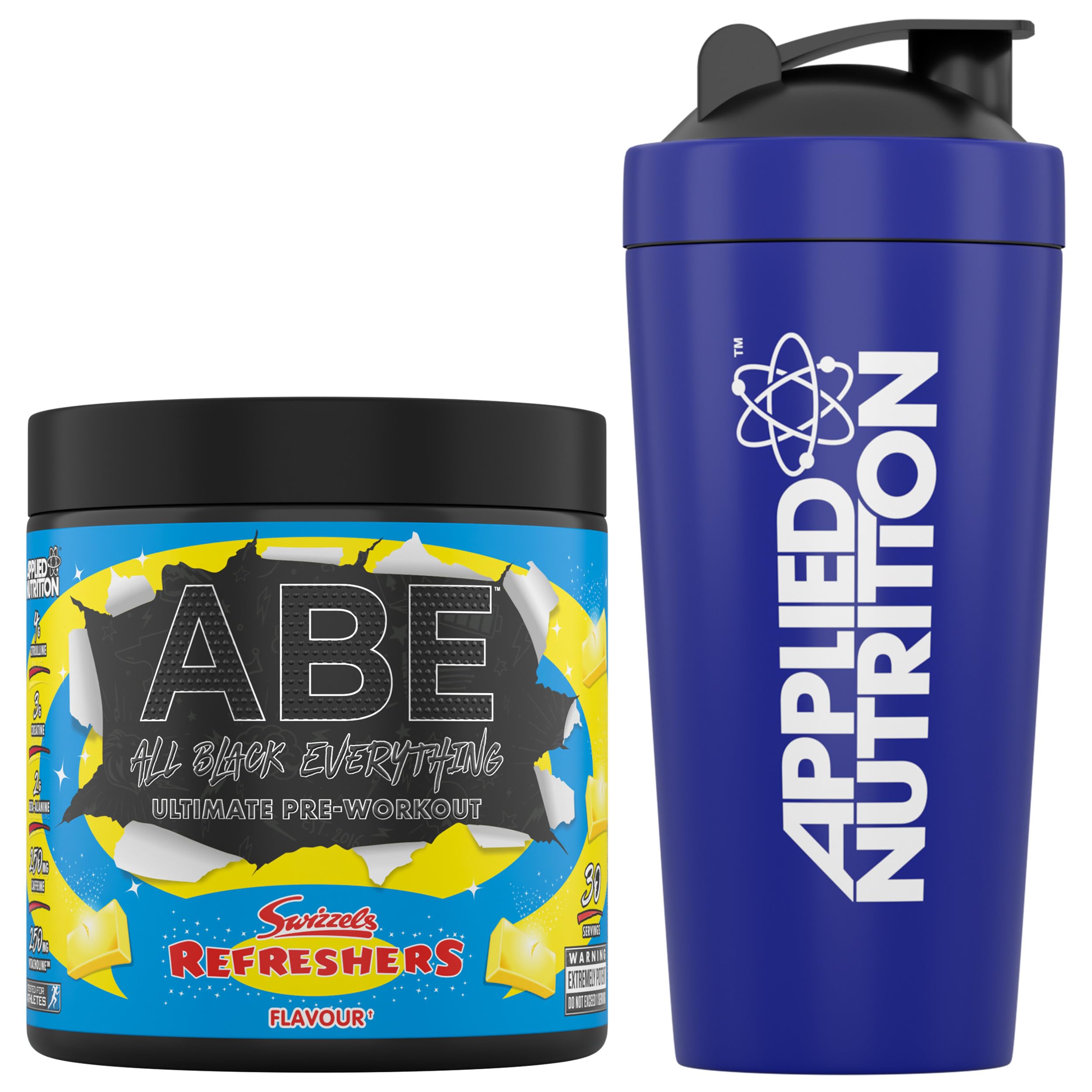 Applied NutritionBundle ABE Pre Workout 375g + 750ml Steel Protein Shaker | All Black Everything Pre Workout Powder, Energy & Physical Performance, Creatine, Beta Alanine (Refreshers Lemon)