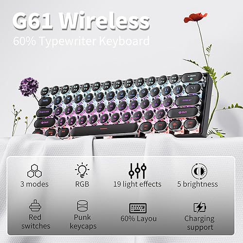 Miniatura 2 de EWEADN - Teclado de máquina de escribir G61, teclado mecánico inalámbrico, 60% mini máquina de escribir con retroiluminación arcoíris,