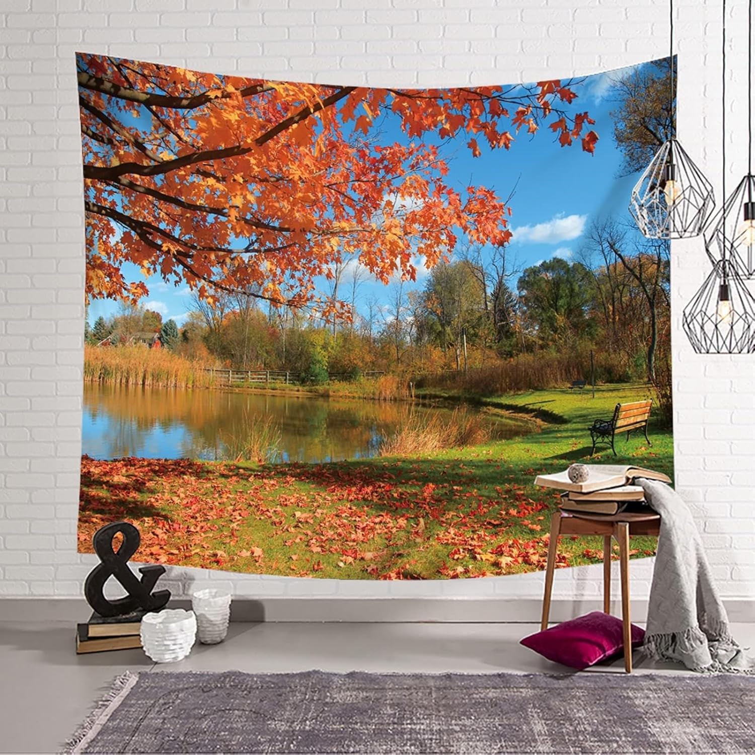 PUOJIEAT Gobelin ścienny jesienny krajobraz ścienny widok na jezioro 3D gobeliny dekoracje ścienne tkanina z mikrofibry do domu salon sypialnia 240x260 cm 1088-GT