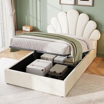 BTM 3ft Girls Single Bed with Chic Petal Headboard, Velvet Upholstered Storage Bed Frame, Beige No Box Spring Needed (No Mattress)