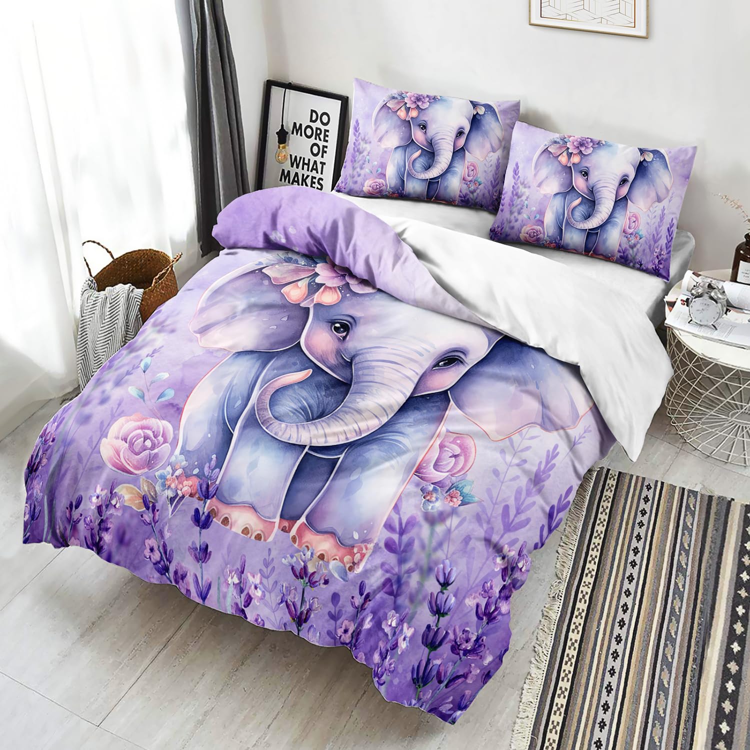 AILONEN Cute Elephant Kawaii Kids Duvet Cover Set King Size for Girls,Lavender Purple Flower Elephant Comforter Cover Set,Lovely Animal Soft Duvet Cover with 2 Pillowcases,3 Pieces