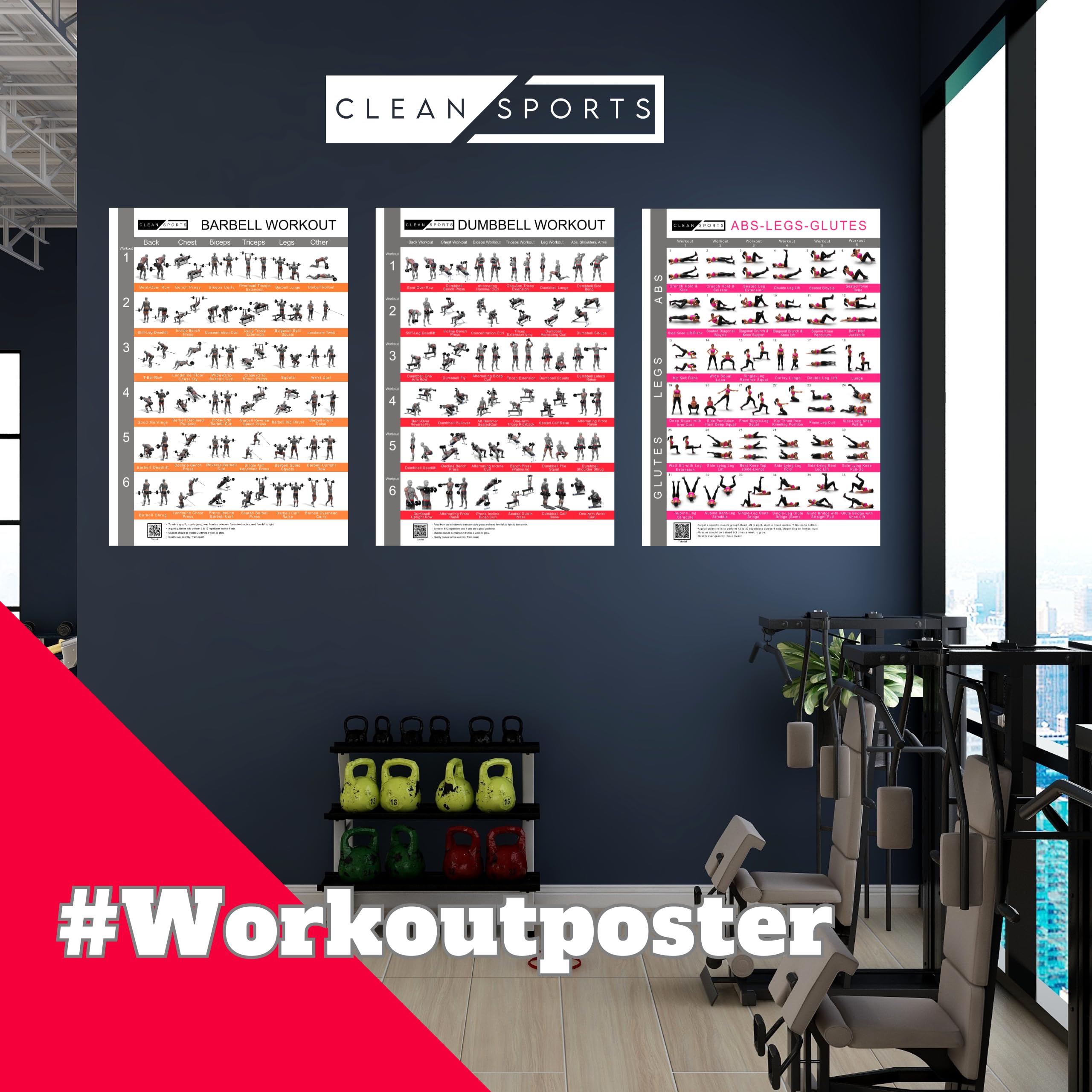 CLEAN SPORTS® Plakat treningowy przedstawiający treningi z hantlami, z sześcioma treningami całego ciała, sportowy, do pokoju hobbystycznego lub siłowni, A2