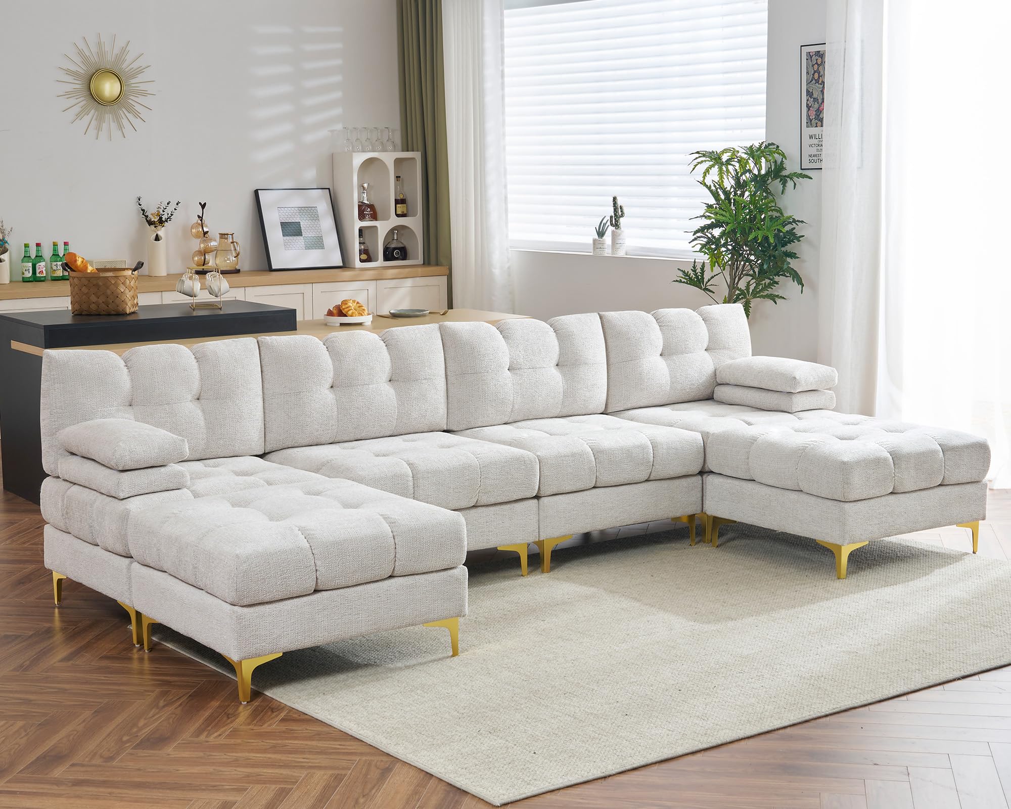 PaPaJet 124 Inch Sectional Sofa, 6 Seater Modular Sectional Couch with Metal Legs, U Shaped Sofa Couch for Living Room, Beige Chenille