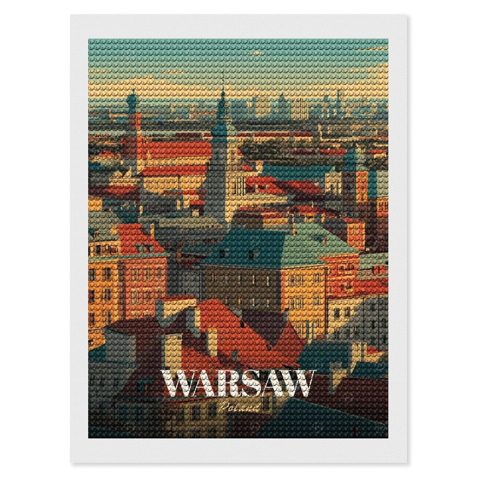Junmoney Warsaw, Poland Cityscape Illustration Diamond Painting Kit 12"x16", Festive Craft Gift, Bedroom Decor, Full Kit Included, Creative Gift Idea