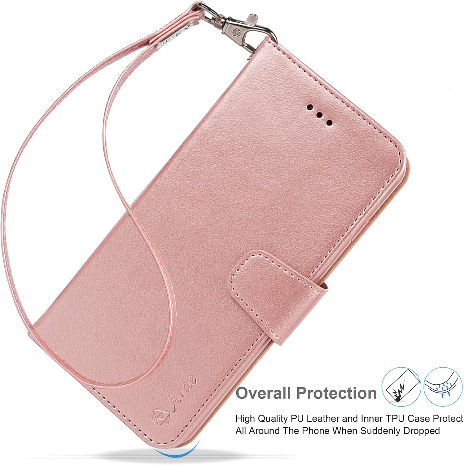 Arae Compatible with iPhone 13 Wallet Case with Card Holder and Wrist Strap for Women and Men Phone Case Flip Cover for iPhone 13 6.1 inch-Rose Gold image 3