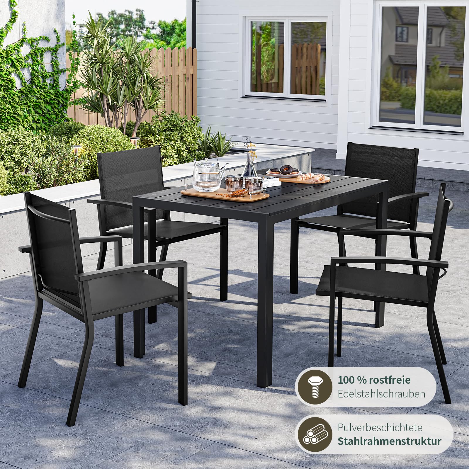Amopatio 4er Set Gartenstühle Stapelbar mit Armlehnen - Gartenstuhl Hochlehner aus Textilene & Metall, wetterfest & rostbeständig - Komfortabler Gartensessel für Garten, Balkon und Terrasse, Schwarz