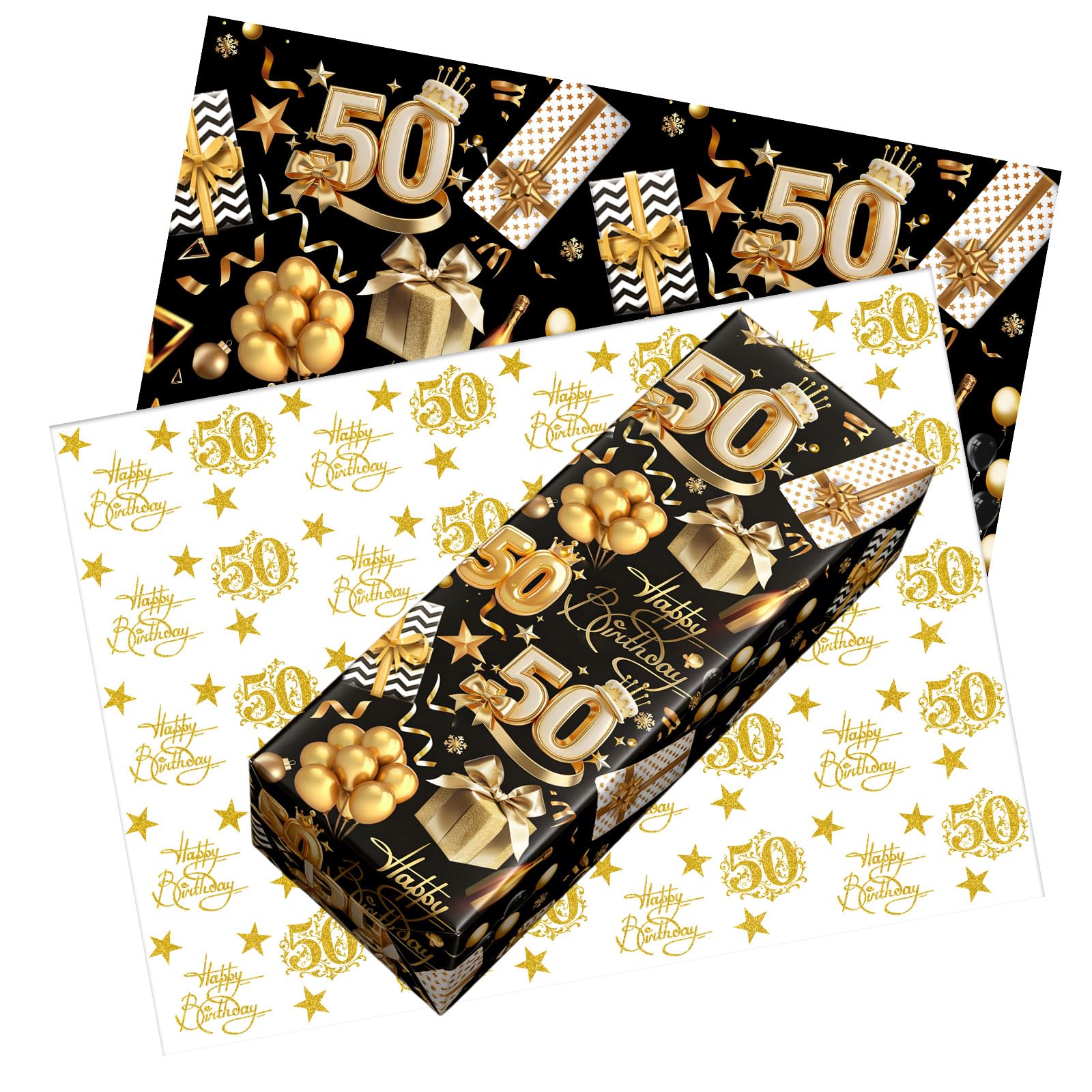 10pcs 50th Birthday Wrapping Paper,50 * 70cm Black Gold 50th Happy Birthday Gift Wrap Paper and Tissue Paper Eco-friendly Gift Wrap Perfect for Wrapping Present or Flower for Boys Man