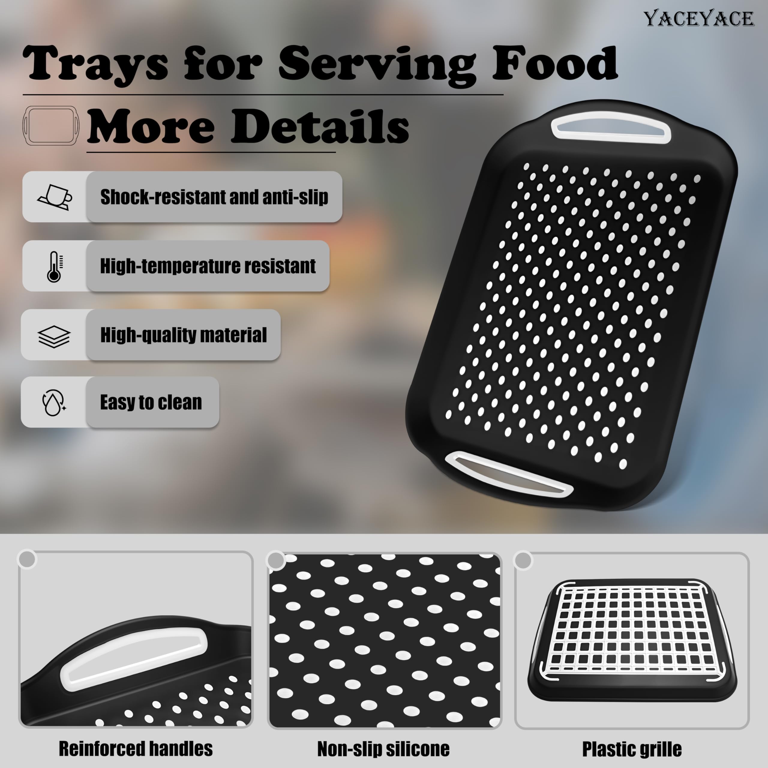 Paquete de 2 bandejas negras para servir – Bandejas antideslizantes para alimentos con puntos antideslizantes para servir fácilmente frutas drin postres y aire acondicionado – perfecto para fiestas y