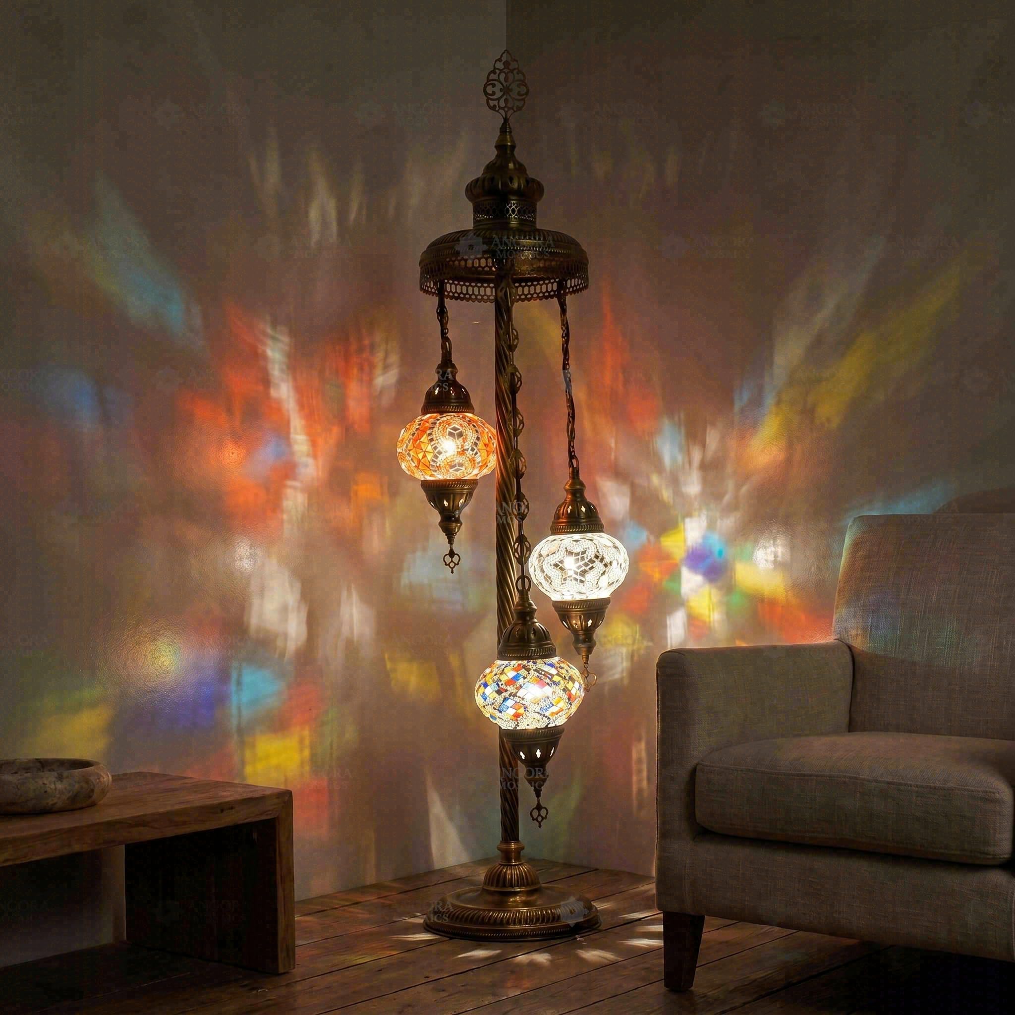 ENVA Multicolor Turkish Mosaic Floor Lamp - 3 Globe Handmade Mosaic Glass Lamp - Antique Brass Standing Light - Moroccan Boho Decor