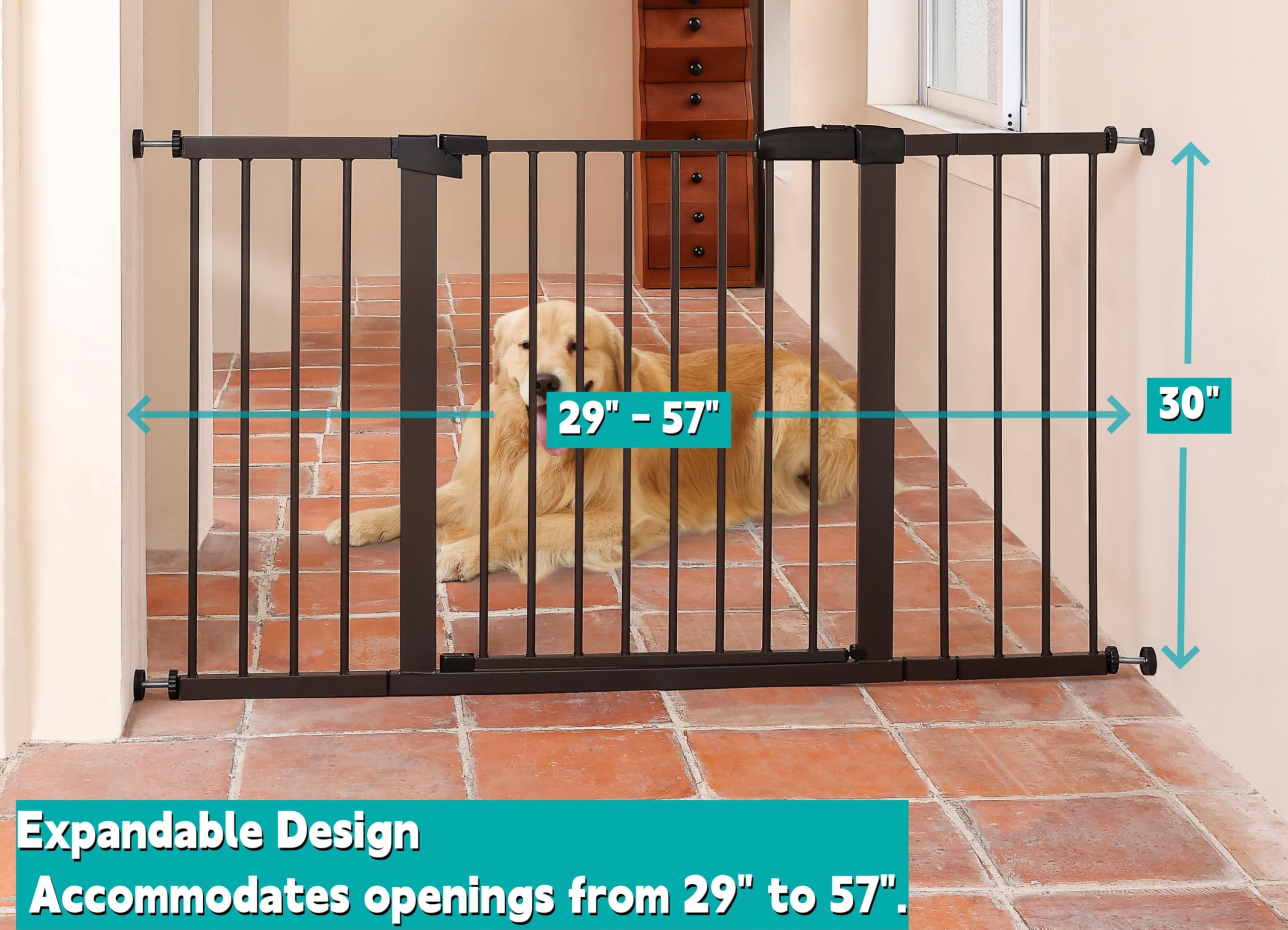 Puerta de seguridad para bebés y mascotas, puerta de metal de 30 pulgadas de alto para puertas y escaleras, fácil de abrir con una sola mano, doble bloqueo, extensiones y soportes de pared incluidos