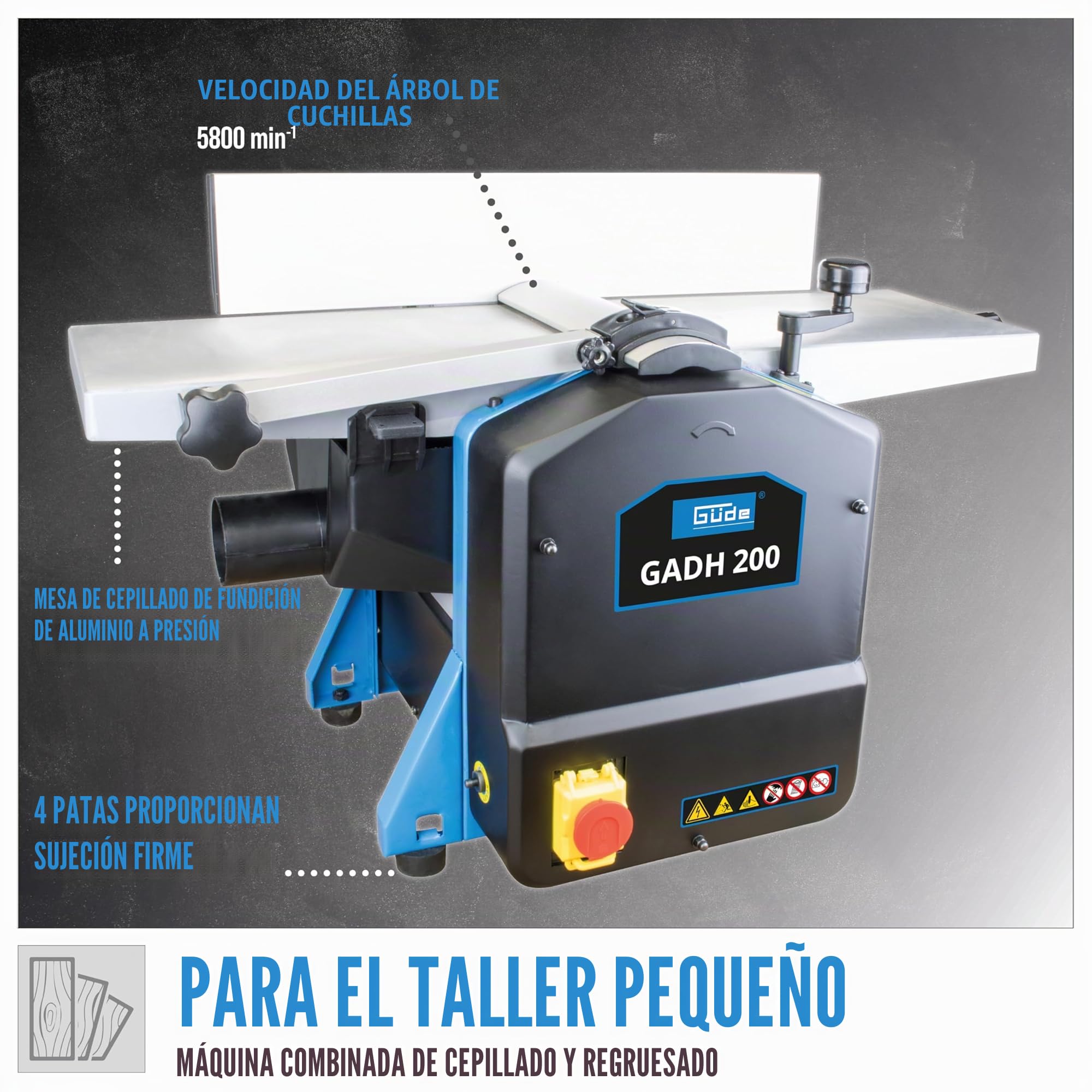 Güde 55440 GADH 200 Enderezadora y cepilladora de aluminio fundido a presión, protección del eje de cepillado, interruptor de sobrecarga, color azul