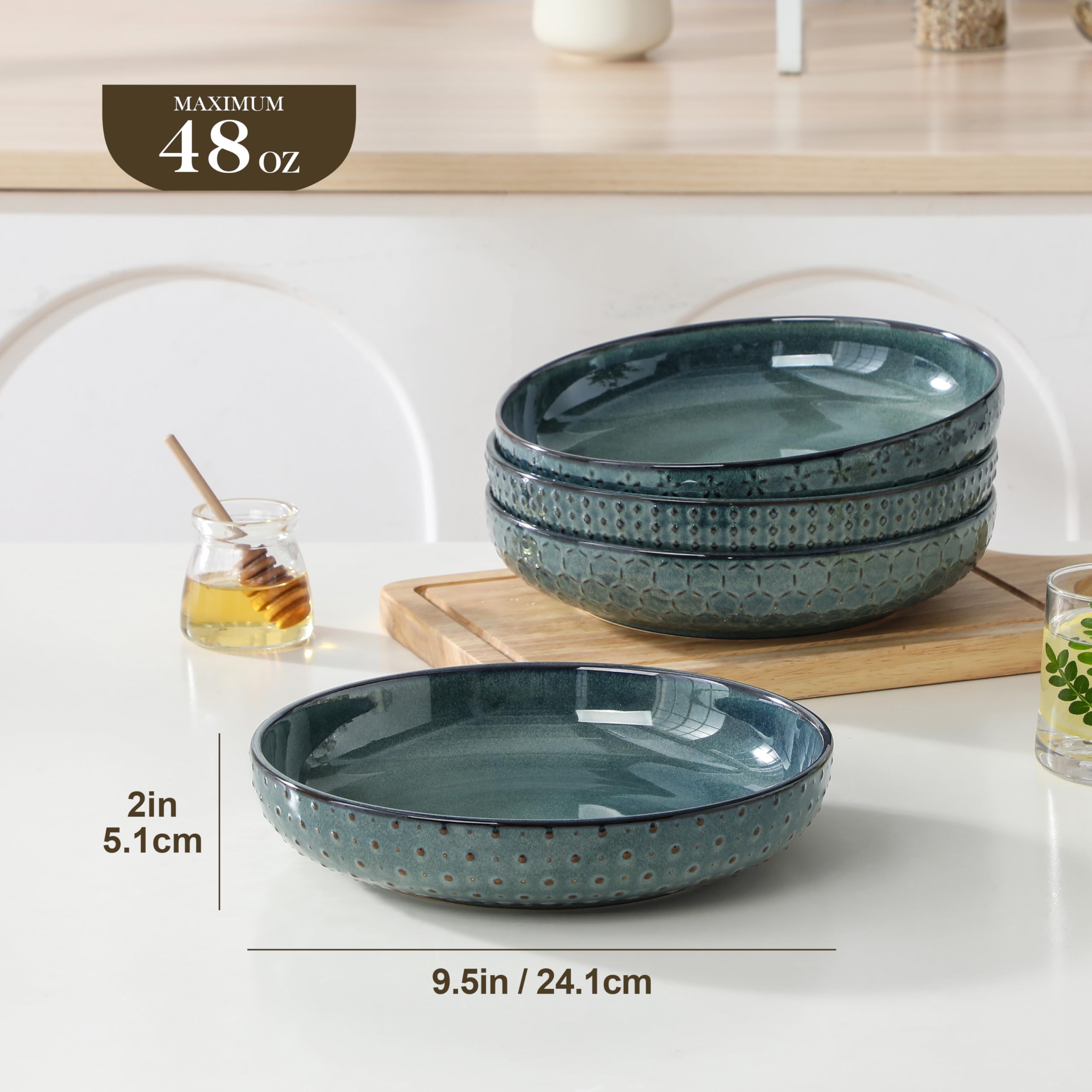 MALACASA LYDIA talerz do zupy, zestaw 4 sztuk, głębokie talerze 1570 ml, kamionka zielona | 1570 ml duży, cztery wzory reliefowe, głęboki talerz i miska, na makaron, zupę, sałatkę, płaskie wzornictwo
