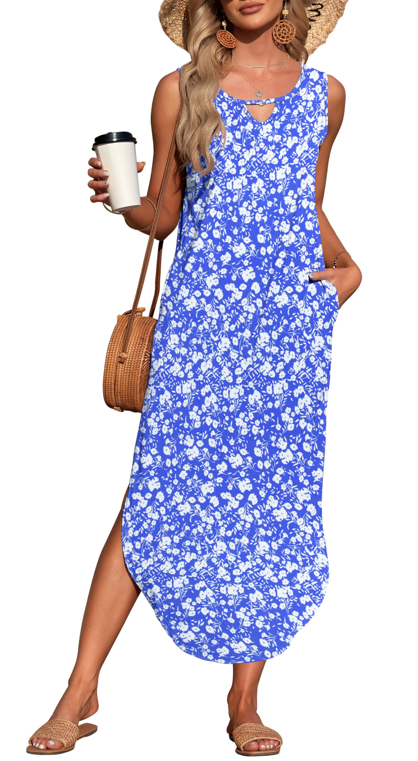 Auselily Women's Blue Flowers Summer Maxi Dresses For Uk Sleeveless Halter Loose Beach Split Dresses With Pockets 2XL