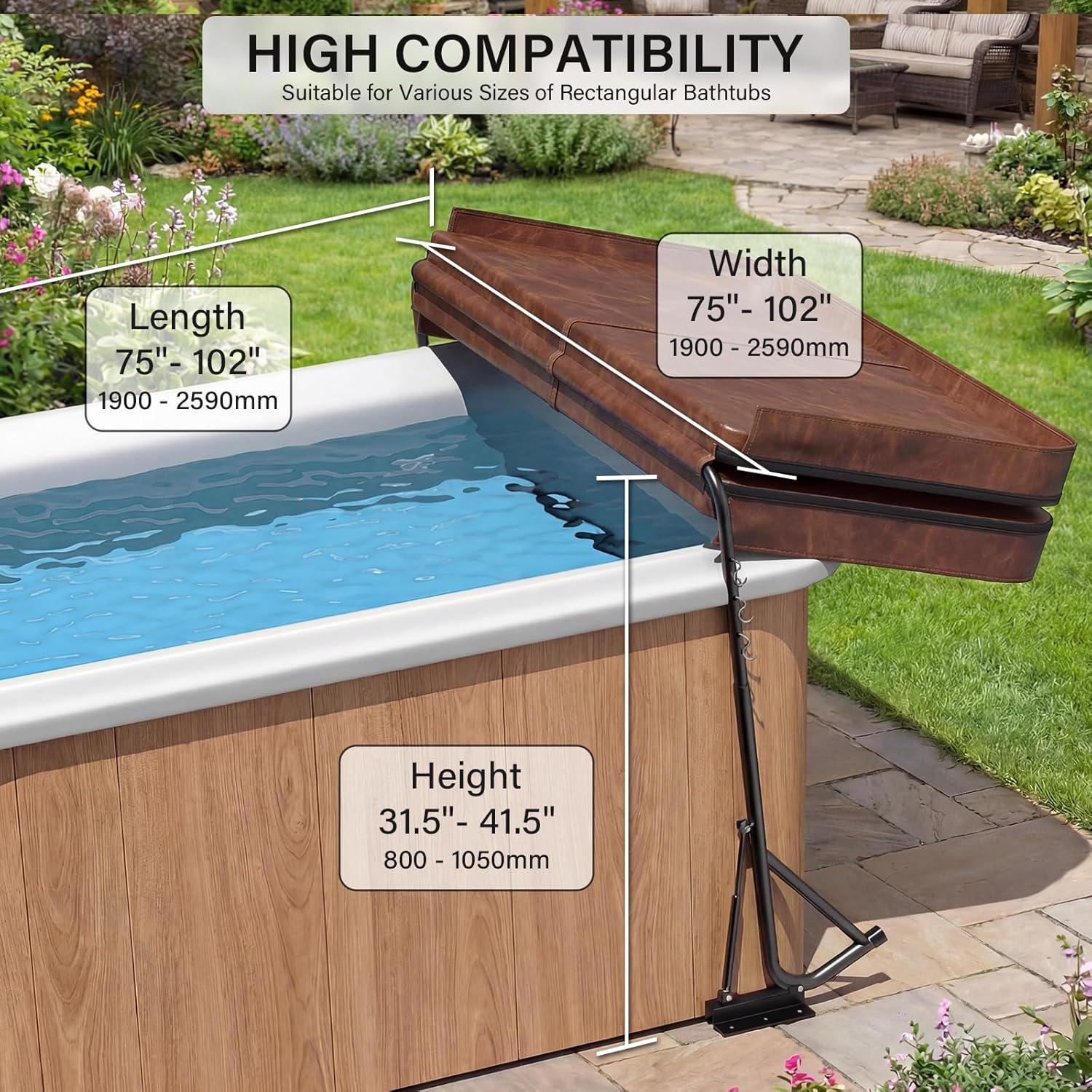 Utheer Hydraulic Hot Tub Cover Lift, Powder-Coated Carbon Steel Spa Cover Lifter with 6 Hooks, Adjustable 31.5-41.3H x 57-92.5W, Drill-Free or Screw-in, Heavy Duty for Rectangular Hot Tubs & Spas
