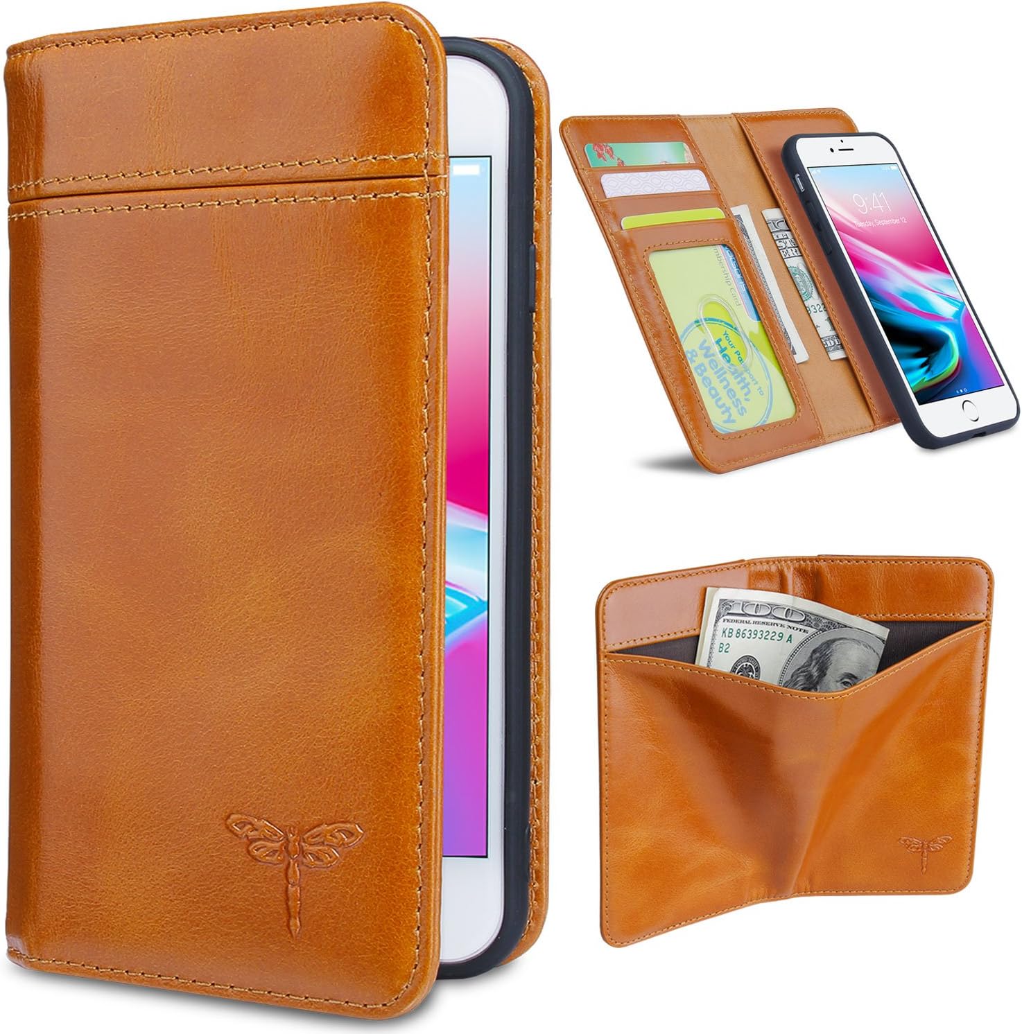 Compatible iPhone 7 Case, iPhone 8 Wallet Cases with Magnetic Detachable Case,3 Card Holder Slots,3 Bill Pockets, Premium Genuine Leather Handmade Flip Case for iPhone 7/ iPhone 8 - Brown