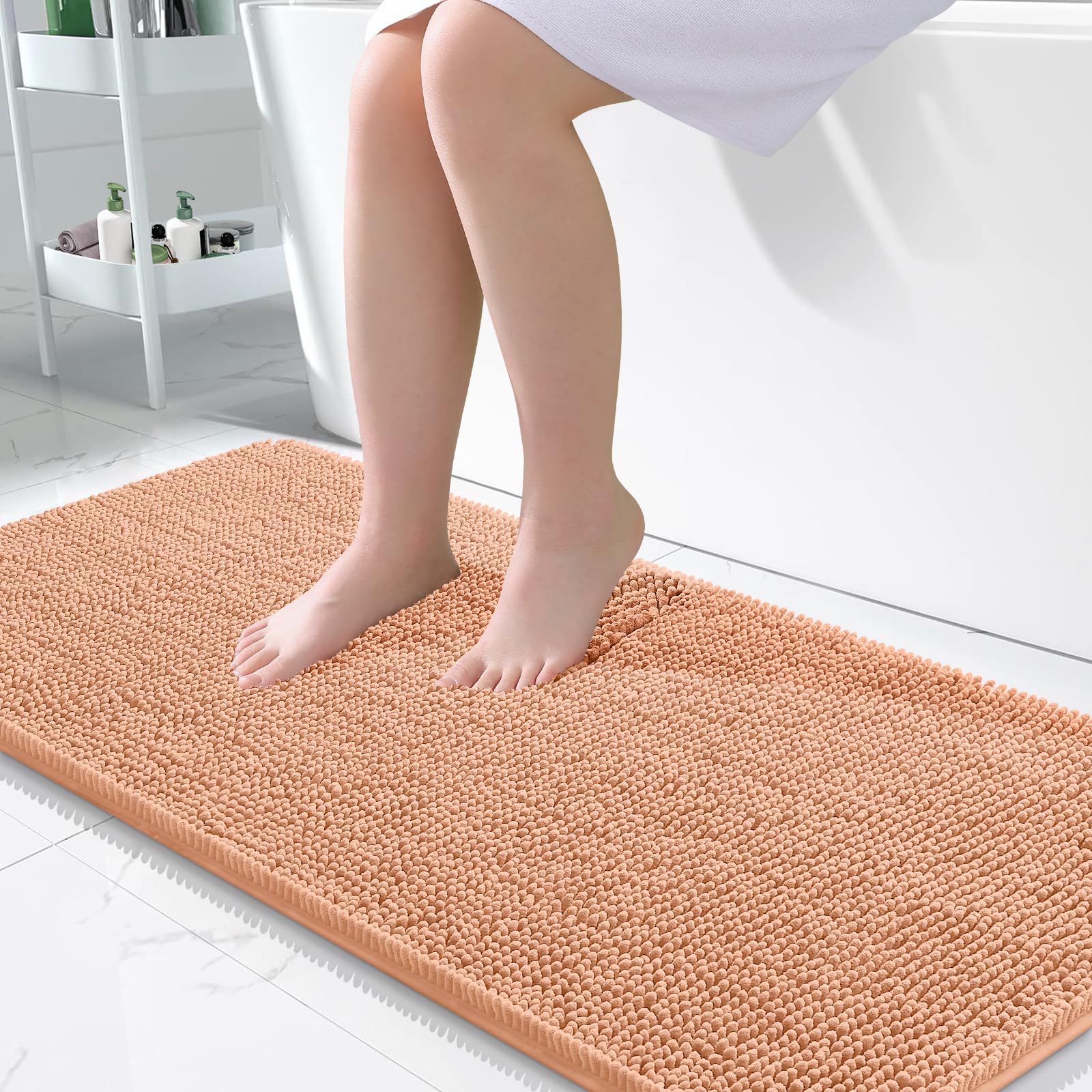 OLANLY Large Bathroom Rugs 50x30, Extra Soft Absorbent Chenille Bath Rugs | Peach, Quick-Drying Rubber Backing, Machine Washable Bath Mat for Bathroom Floor, Tub and Shower, Home Decor Accessories