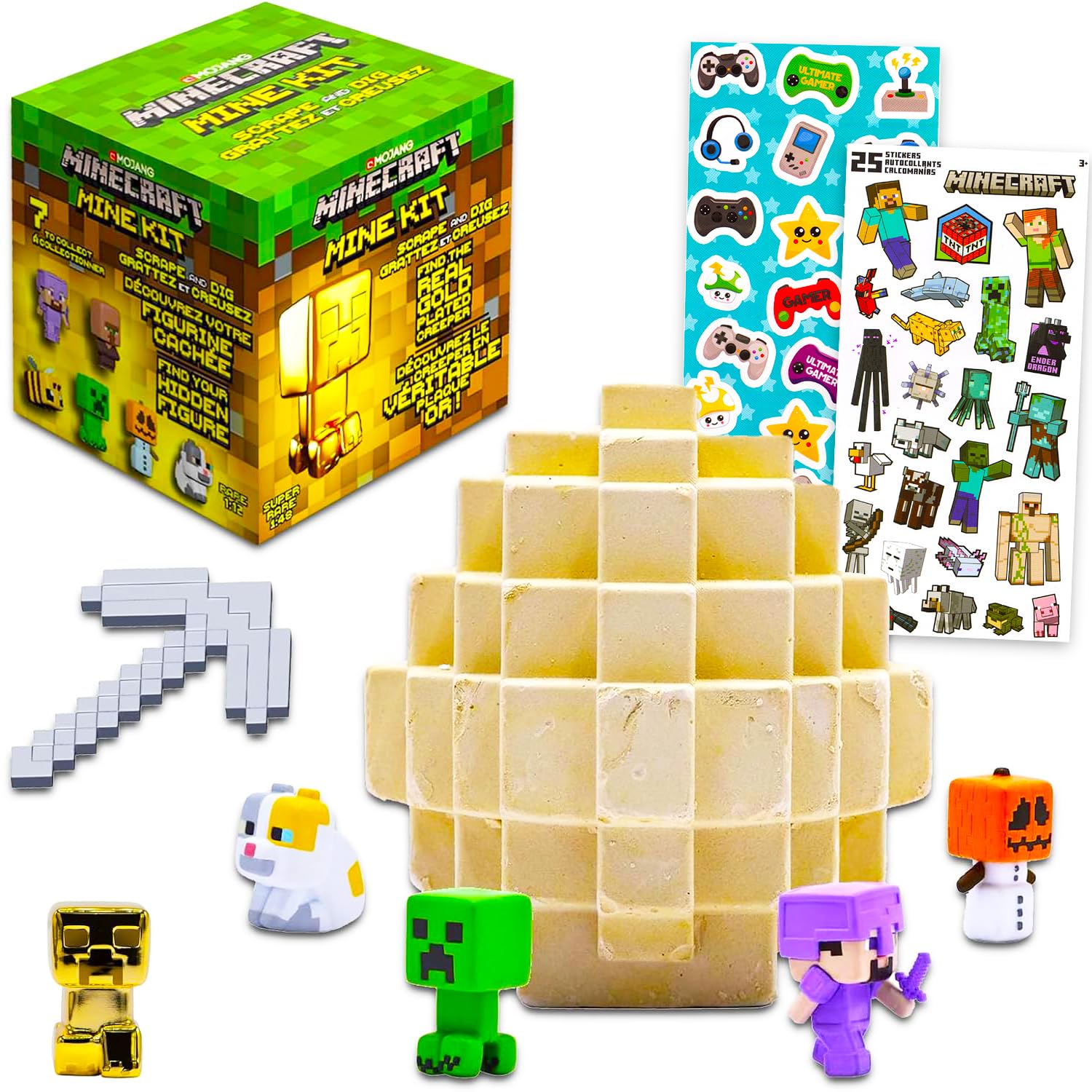 Minecraft Mine Kit Gold Creeper Dig It Toy - Bundle with Mine Kit with Mystery Minecraft Figure Plus Stickers, More | Dig Toy for Kids