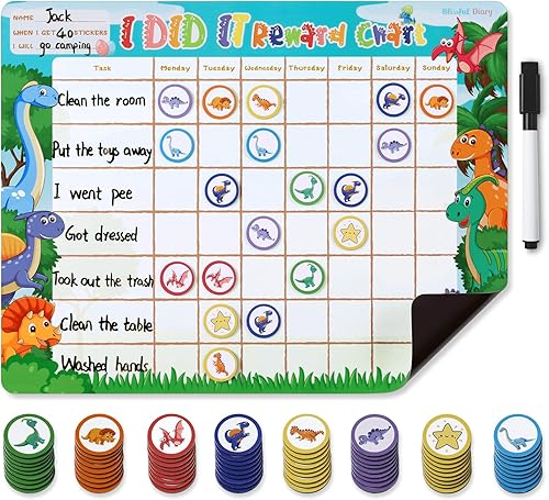 Blissful Diary Tabla de tareas para niños, tabla de comportamiento magnética para niños en casa con 72 calcomanías magnéticas, lindo gráfico de