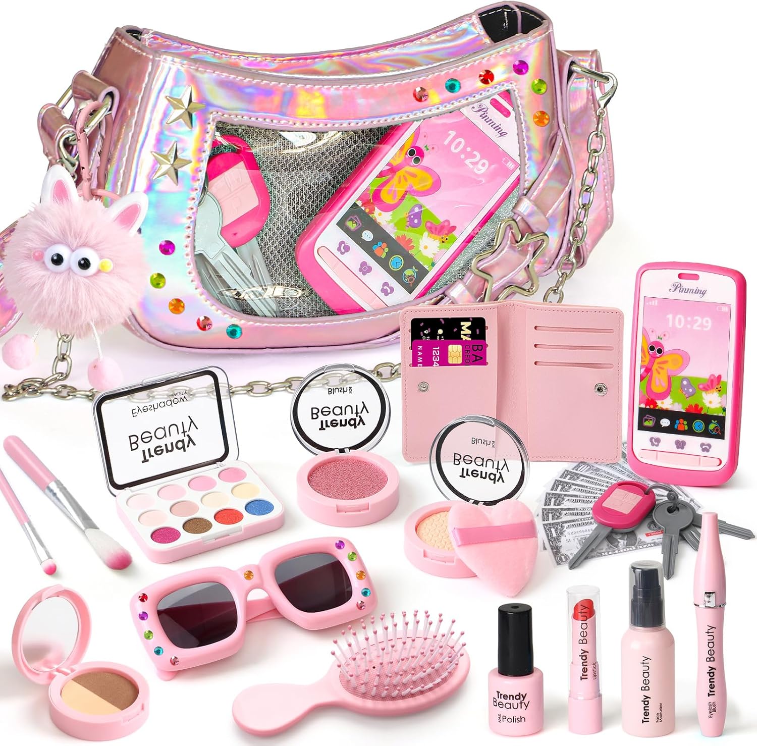 Toddler Purse for Little Girls, Pretend Play Makeup Toy Set for Toddlers 3-5 with Plushie/ Phone/ Wallet, My First Kids Purse Princess Birthday Gifts for 3 4 5 6 7 8 Year Old Baby Girls