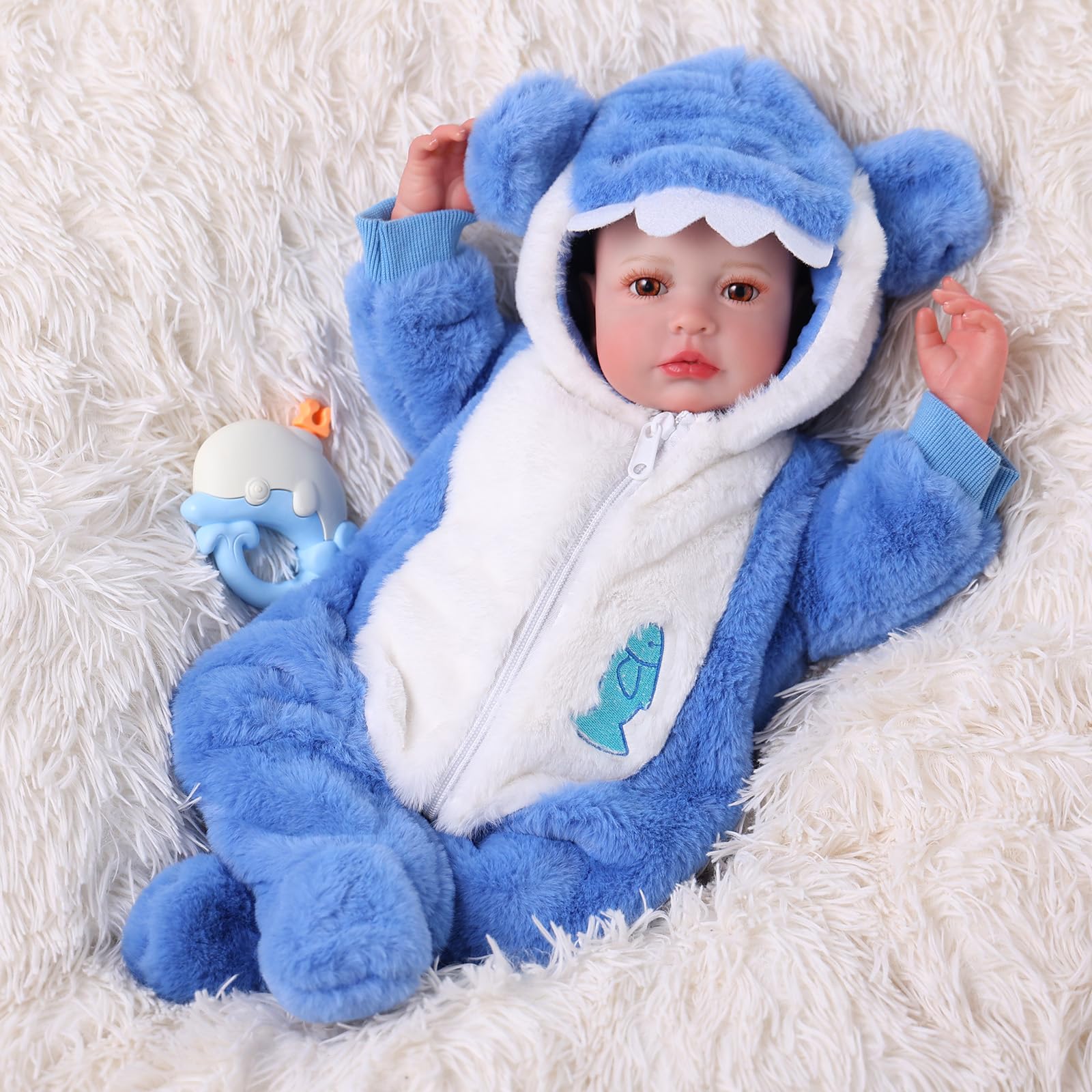 BABESIDE 17 Inch Lifelike Reborn-Baby Doll Soft Body Realistic Newborn Doll with Blue Shark Handmade Real Life Babies Dolls for Kids Age 3+