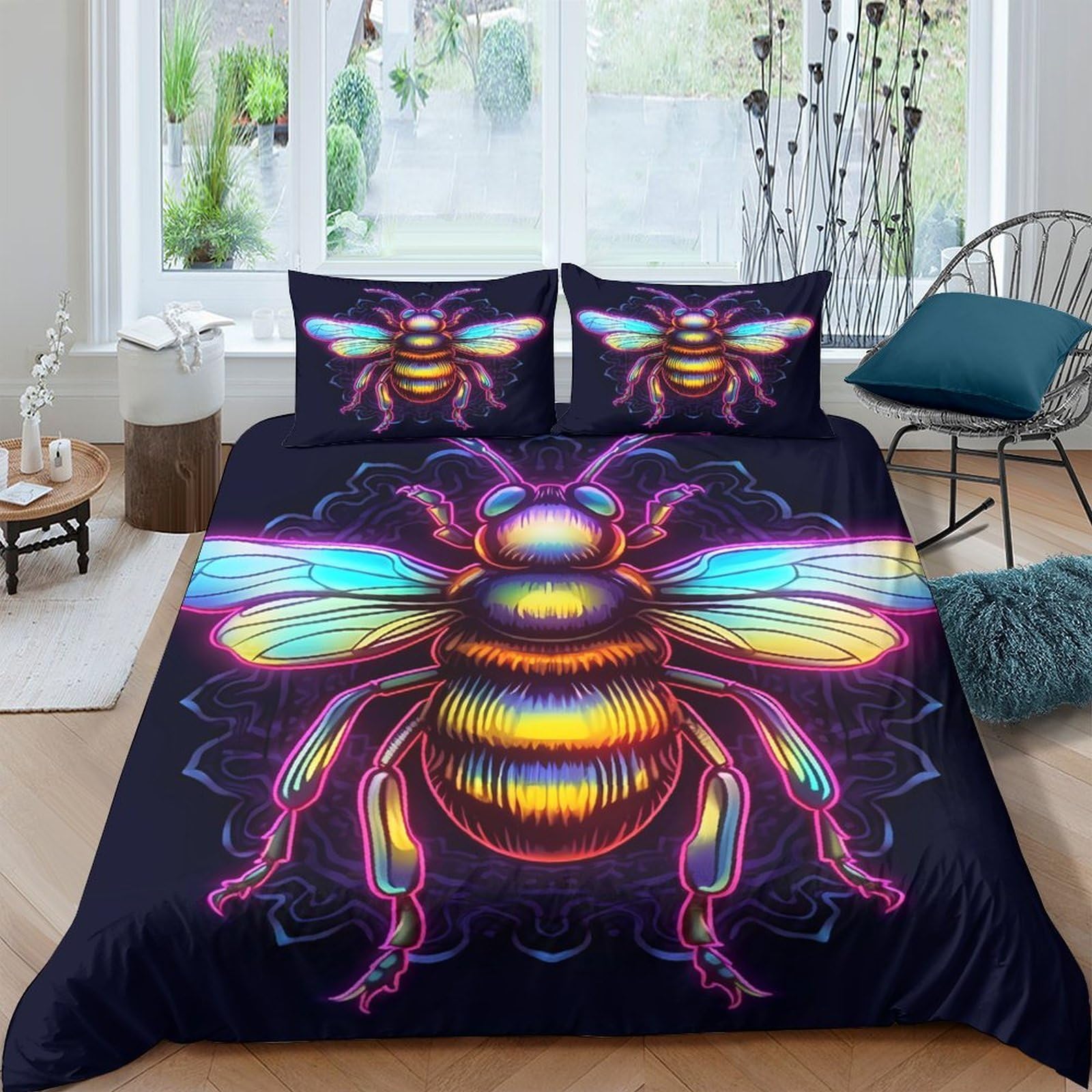 Ctjqhvkz Style-9 3D Printed Neon Bee Fitted Sheet Microfiber Soft Breathable Psychedelic Insect Mattress Cover For Bedroom Decor Single（135X200cm）