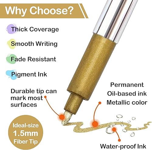 Miniatura 2 de MyLifeUNIT Rotuladores metálicos, paquete de 10 marcadores permanentes dorados y plateados, punta fina (5 dorados, 5 plateados)