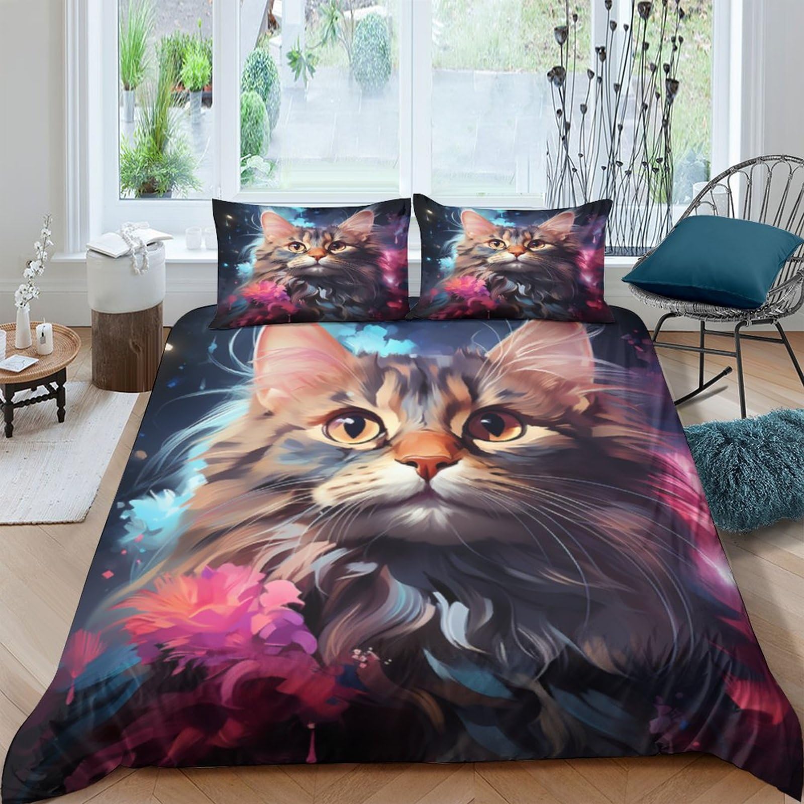 Housse de couette chat 220x240 parure de lit anti-plis facile à repasser