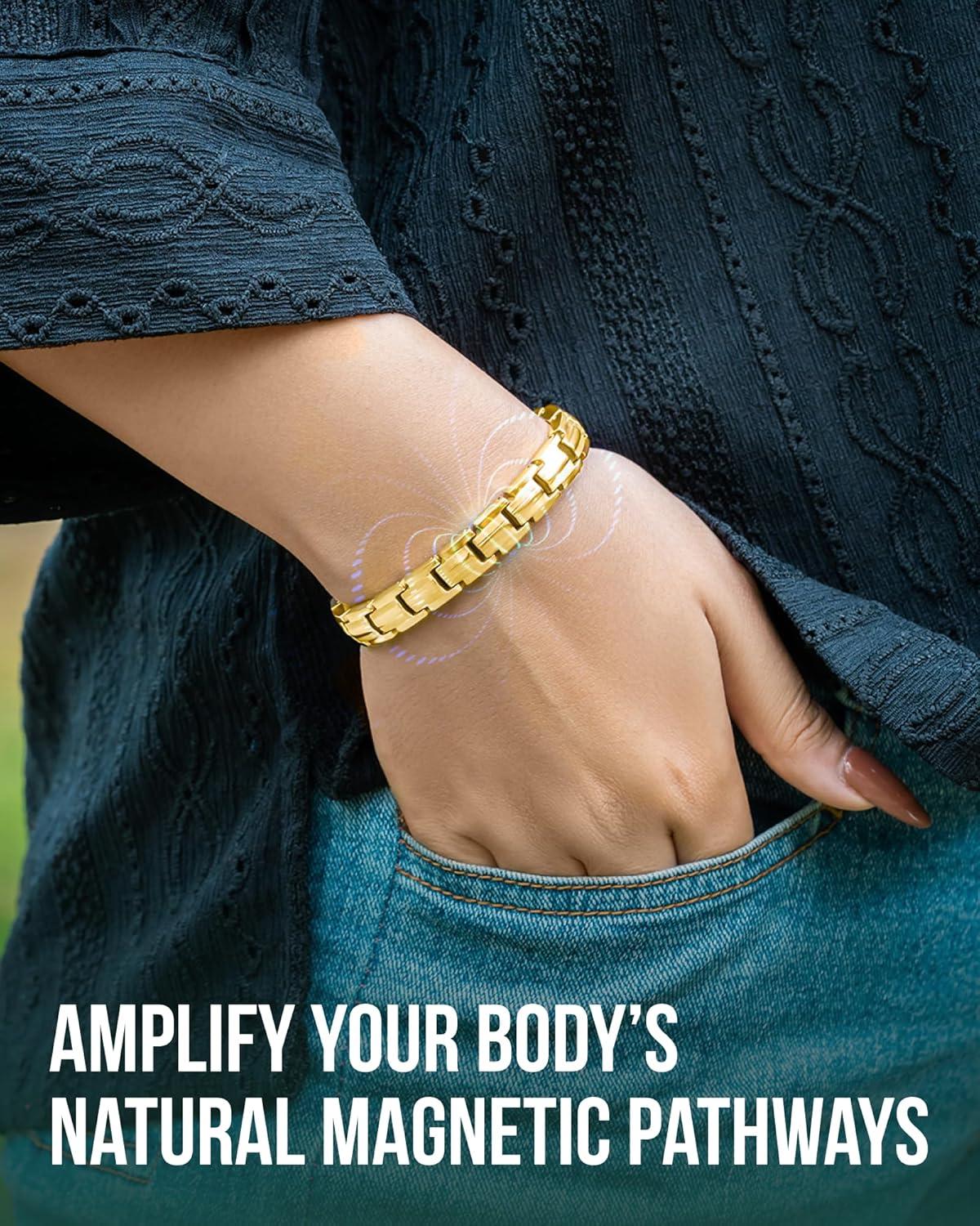 MagnetRX® Magnetic Bracelets for Women - EllipseMAX 5X Strength 5,000 Gauss Magnets - Designed in USA & PATENT PENDING - Premium Titanium Womens Magnetic Bracelet & Adjustable Length (Gold) - Image 3