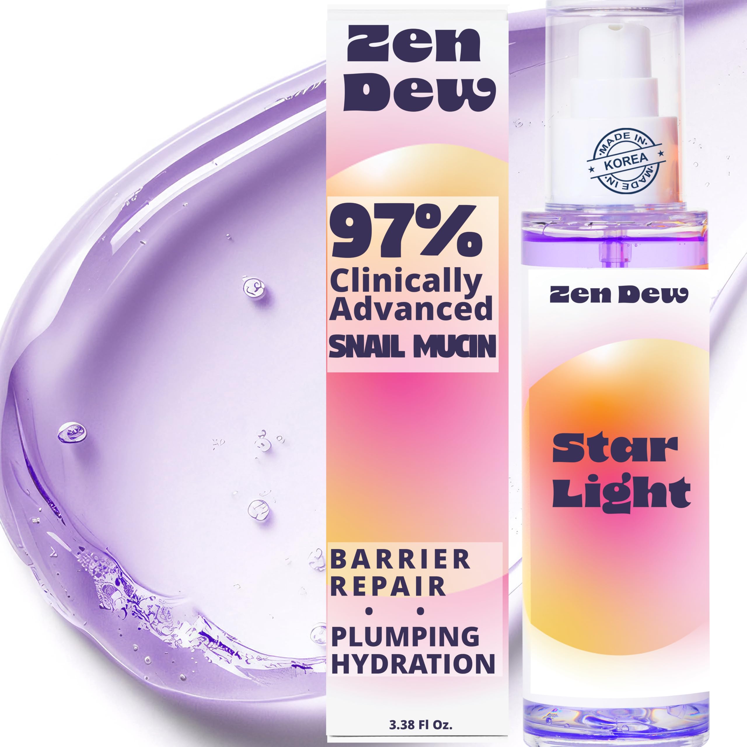 Clinically Advanced Korean Snail Mucin Serum - Star Light by Zen Dew (3.38 oz) Brightening, Anti-Aging & Hydrating K Beauty Face Serum for Glass Skin Glow – Smoothing Korean Skin Care