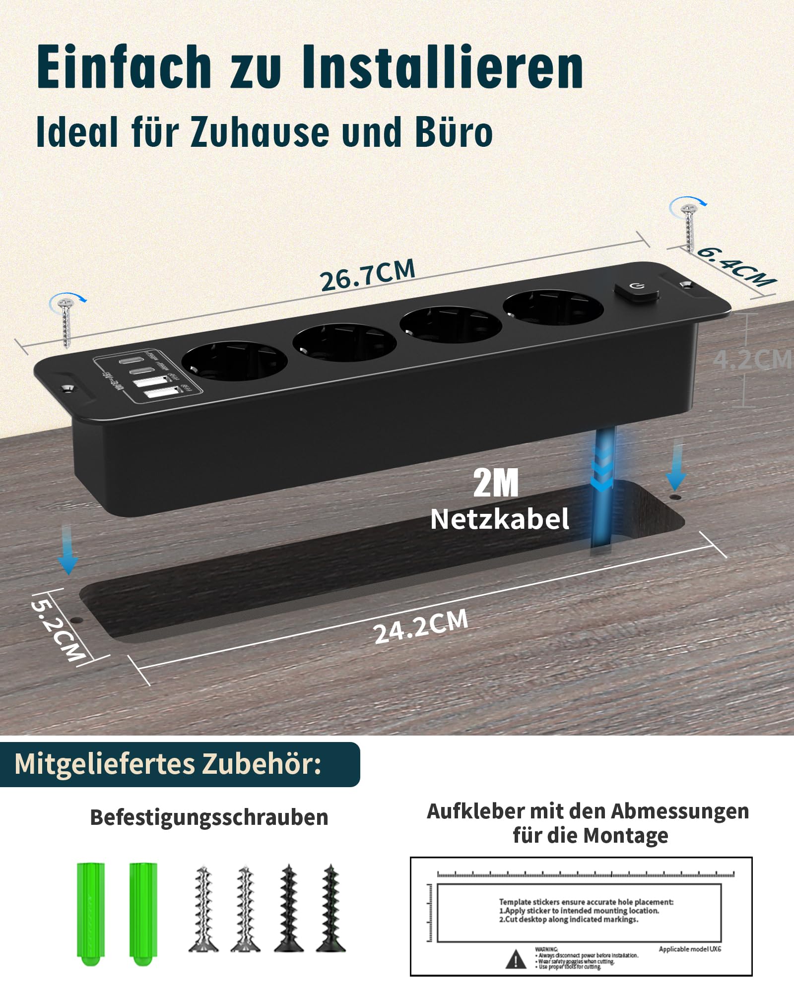 Ciabatta elettrica con USB (PD 20 W), 4 prese, a scomparsa, 8 in 1, presa da tavolo, presa multipla con cavo da 2 m, per cucina, ufficio, piano di lavoro, 3680 W/16 A
