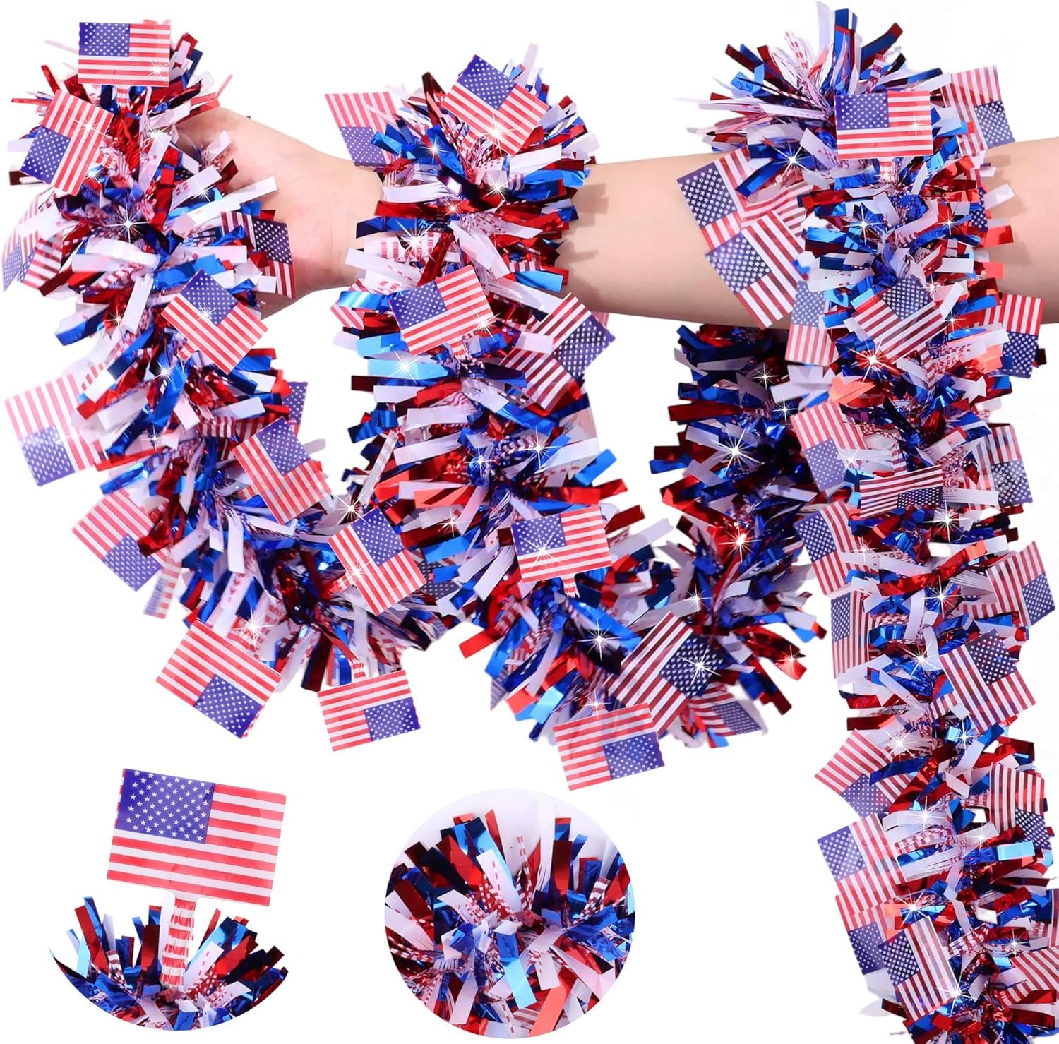 50FT 4th of July Decorations Red White Blue American Flag Tinsel Garland, Metallic Patriotic Garland for Fourth of July Independence Day Memorial Day Decor Outdoor Indoor Home Party Decor Supplies