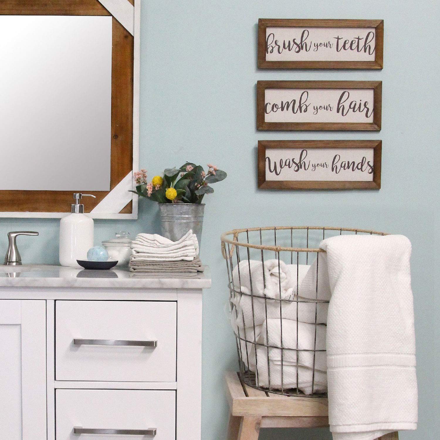 Stratton Home Decor Farmhouse Set of 3 Printed Linen Bathroom Rules Wall Art | Easy to Hang Bathroom Wall Decor for All Decor Styles | Wooden Bathroom Wall Art in Brown | 12.25''Wx0.50''Dx4.75''H Each