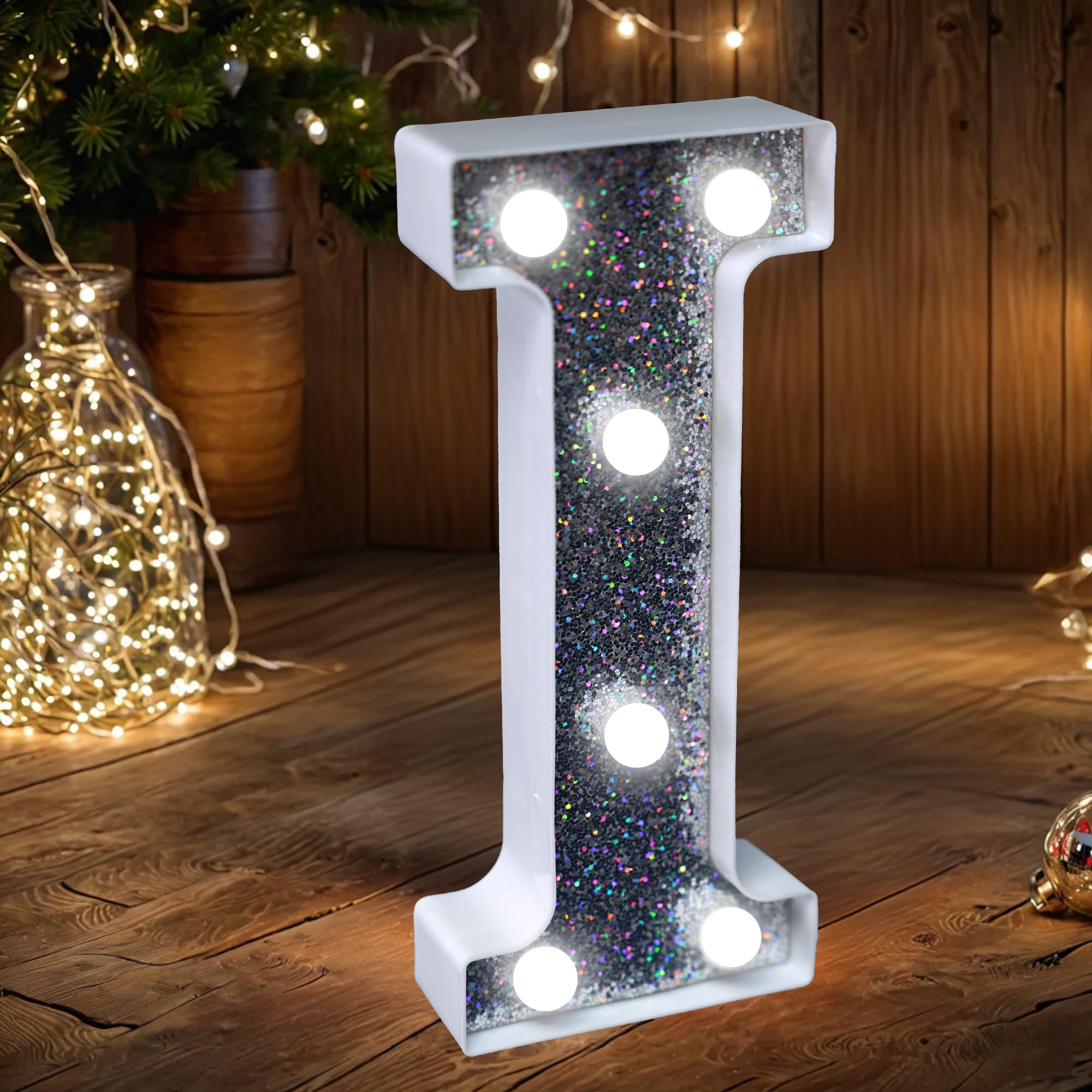 LED Marquee Letter Lights, Light Up Silver Glitter Letters Sign Battery Powered Night Light for Birthday Party Wedding Home Decoration Baby Shower-I — image 1