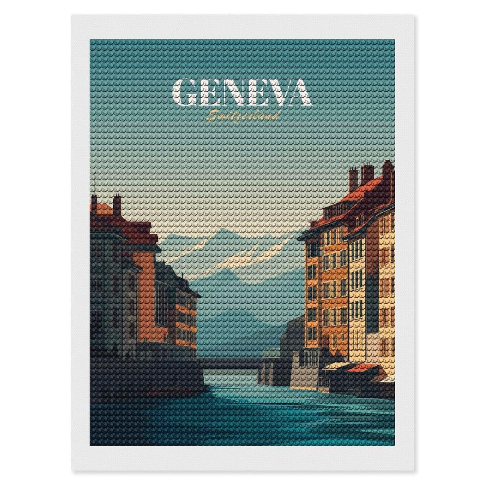 Junmoney Geneva, Switzerland Travel (2) Round Drill Diamond Painting 12"x16", Satisfying Creative Project, Complete Accessories, Printed Canvas