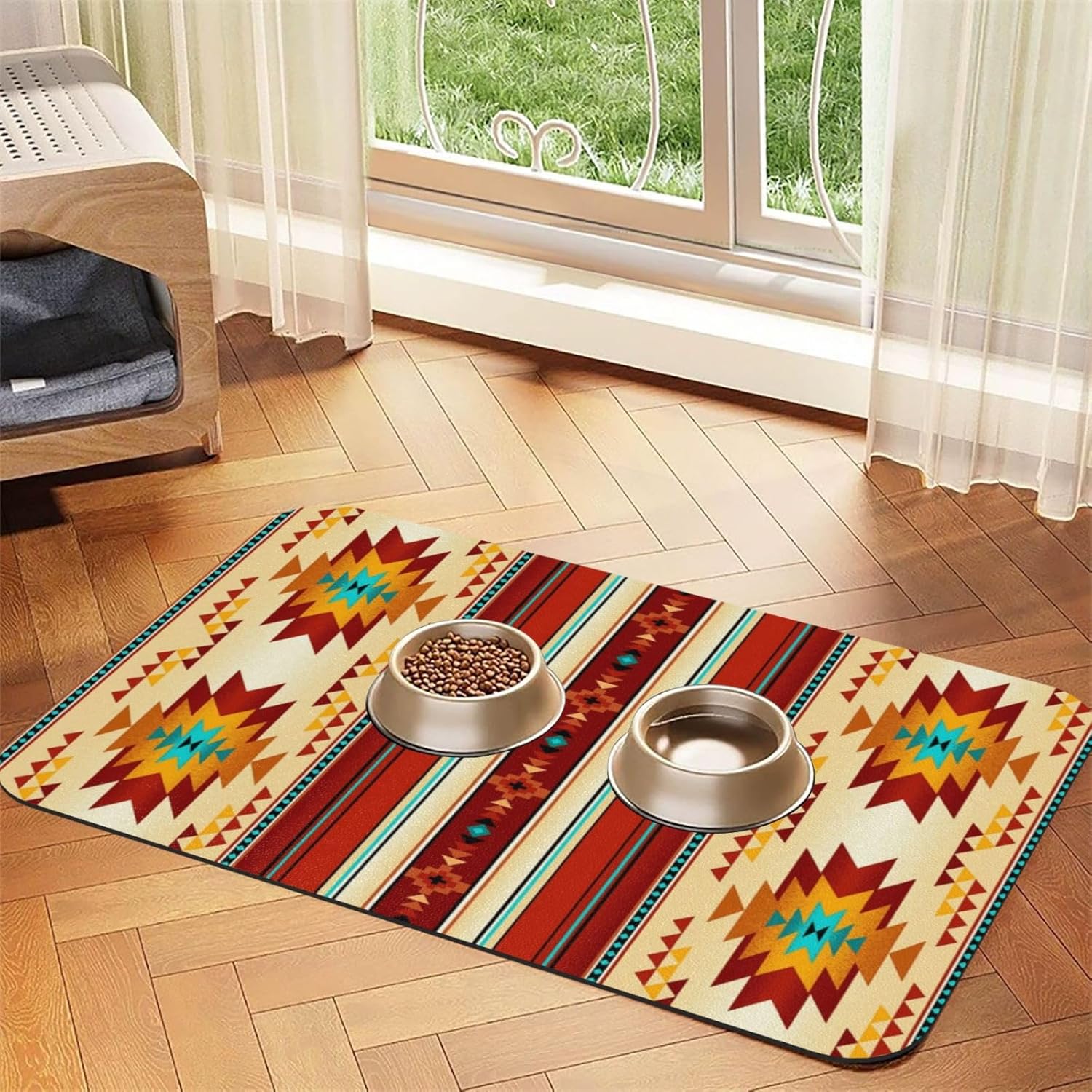 Southwest Native American Indian Aztec Pet Feeding Mat-Absorbent Quick Dry Pet Cat Dog Food Mat Non Slip Waterproof Rubber Dish Placemat