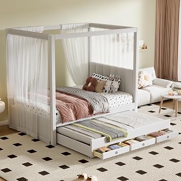 RuiSiSi Twin Canopy Bed with Trundle, Upholstered Canopy Bed with Drawers Solid Wood Four Posters Platform Bed with Soft Headboard for Kids