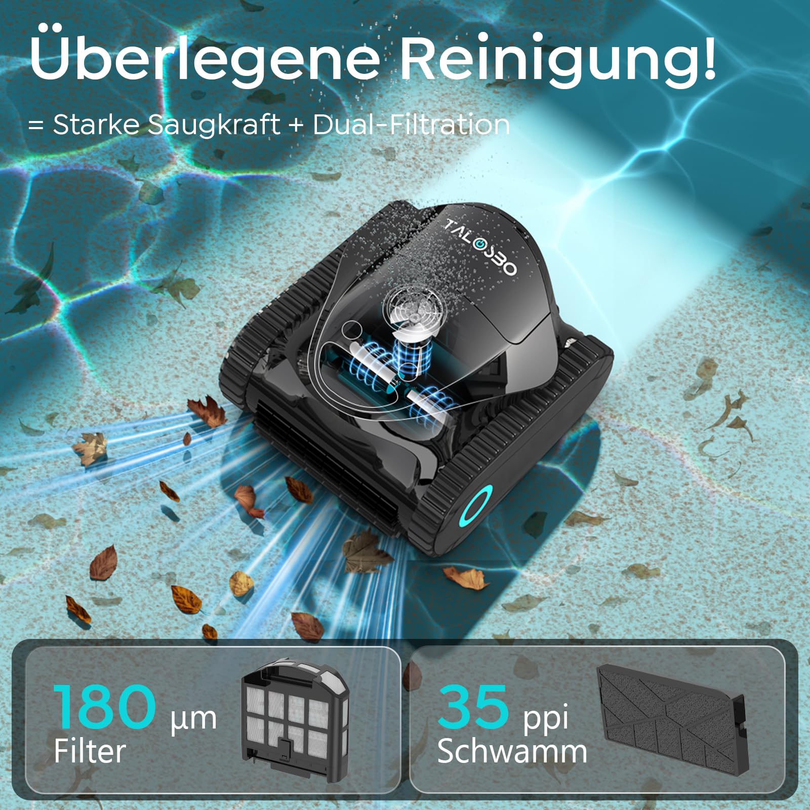 C1 Poolroboter Akku Boden und Wand, Wasserlinie, Doppelfilter, 7 Reinigungsmodi, 180 Minuten Laufzeit, Poolreiniger mit App, Starker Poolsuager Akku für Pools bis zu 150 m²