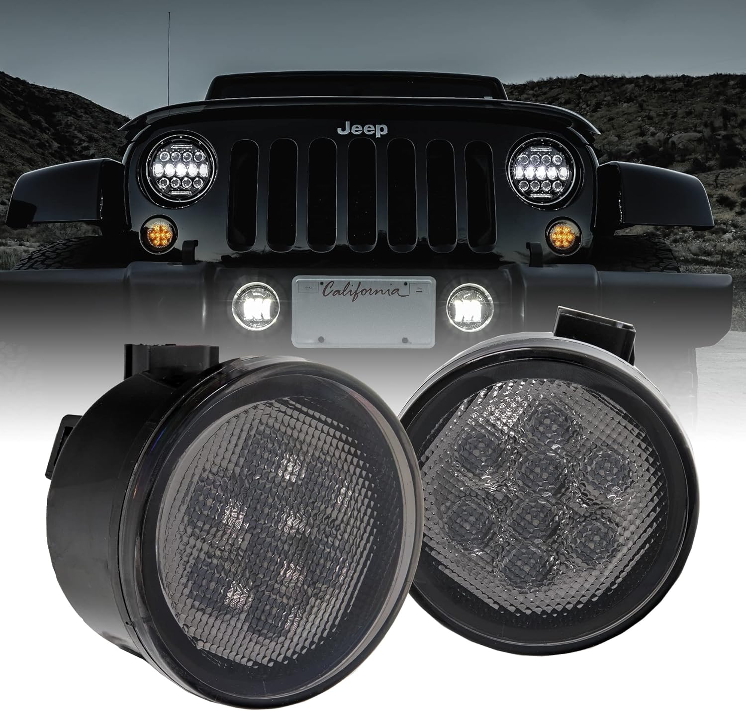 TrueMods Smoked LED Turn Signal Lights with DRL for Jeep Wrangler JK 2007-2018 - Amber LEDs, IP66 Waterproof