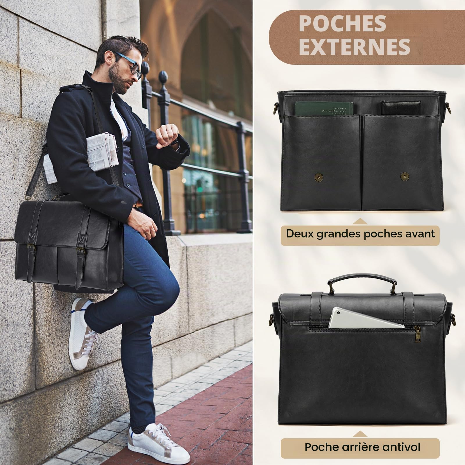 RAINSMORE Sacoche Ordinateur Homme Sac pour Ordinateur Partable 15.6 Pouces Mallette PC Tablette Cartable Imperméable pour Travail Affaires Collège