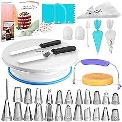 RFAQK 64 PCs Cake Decorating Kit for Beginners Includes Video Course, Booklet + Baking Supplies Gift - Cake Stand, Leveler, 24 Numbered Piping Tips, Straight & Offset Spatula, & Scraper sets