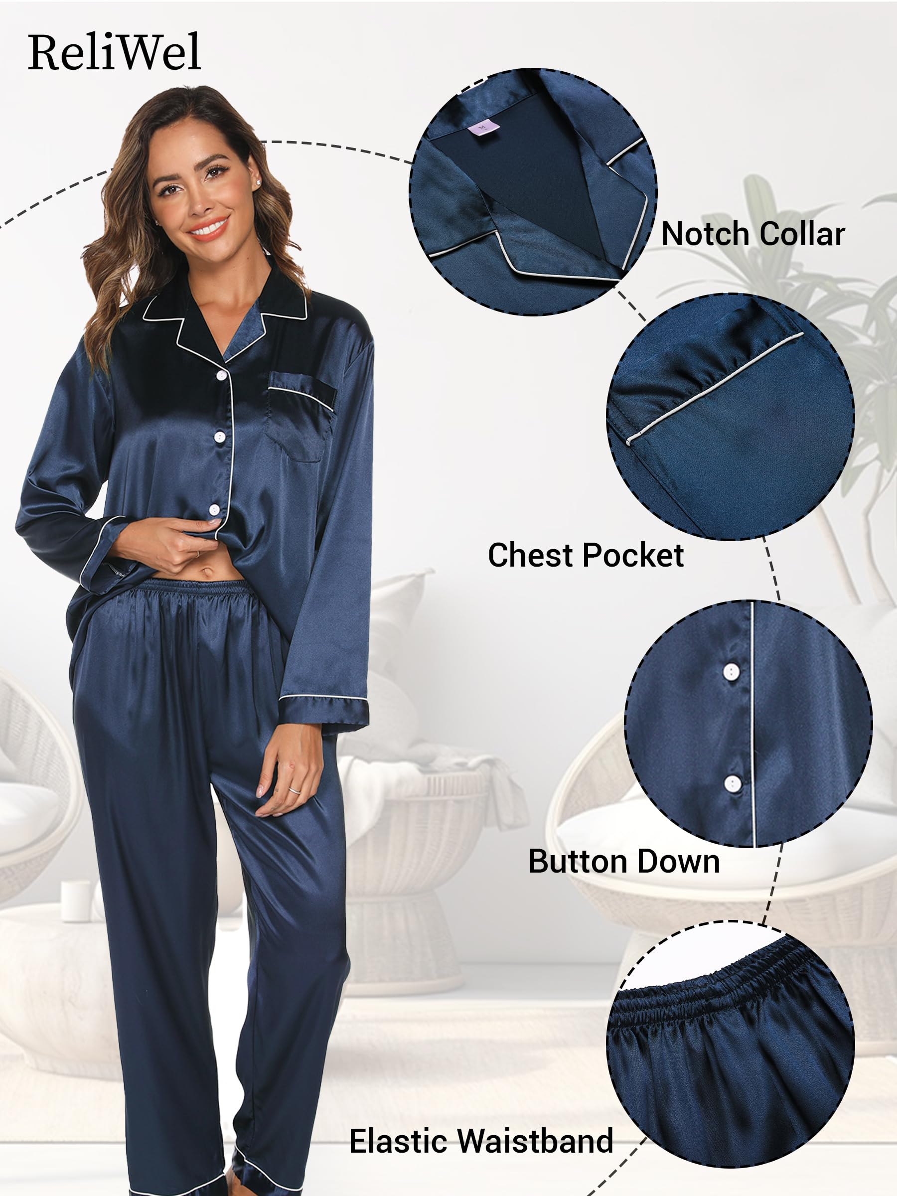 Reliwel Pigiama Donna Estivo Pigiami da Donna Due Pezzi a Maniche Lunghe Pantaloni in Raso Morbidissimo Scollo V Aperto Davanti con Bottoni e Borse Laterali