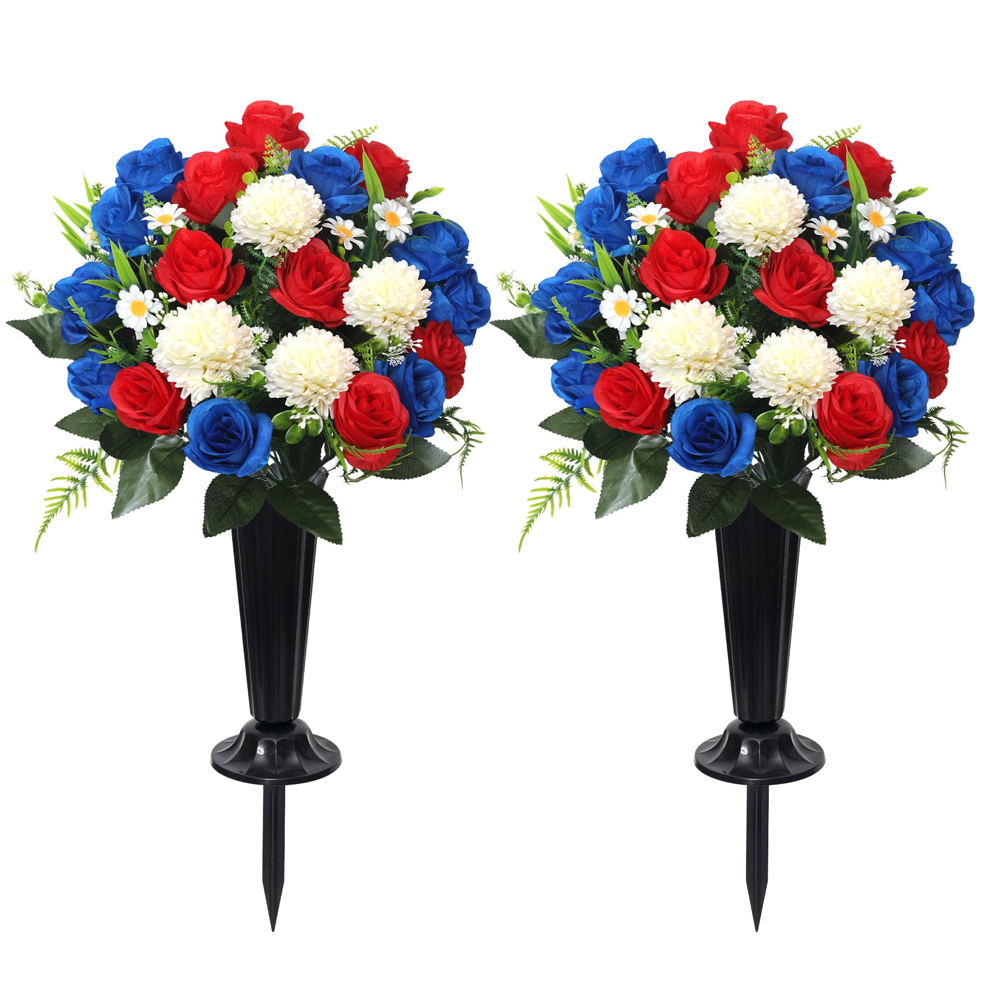 Chrysanthèmes artificiels de cimetière Wocst avec vase pour tombe rouge 24 têtes