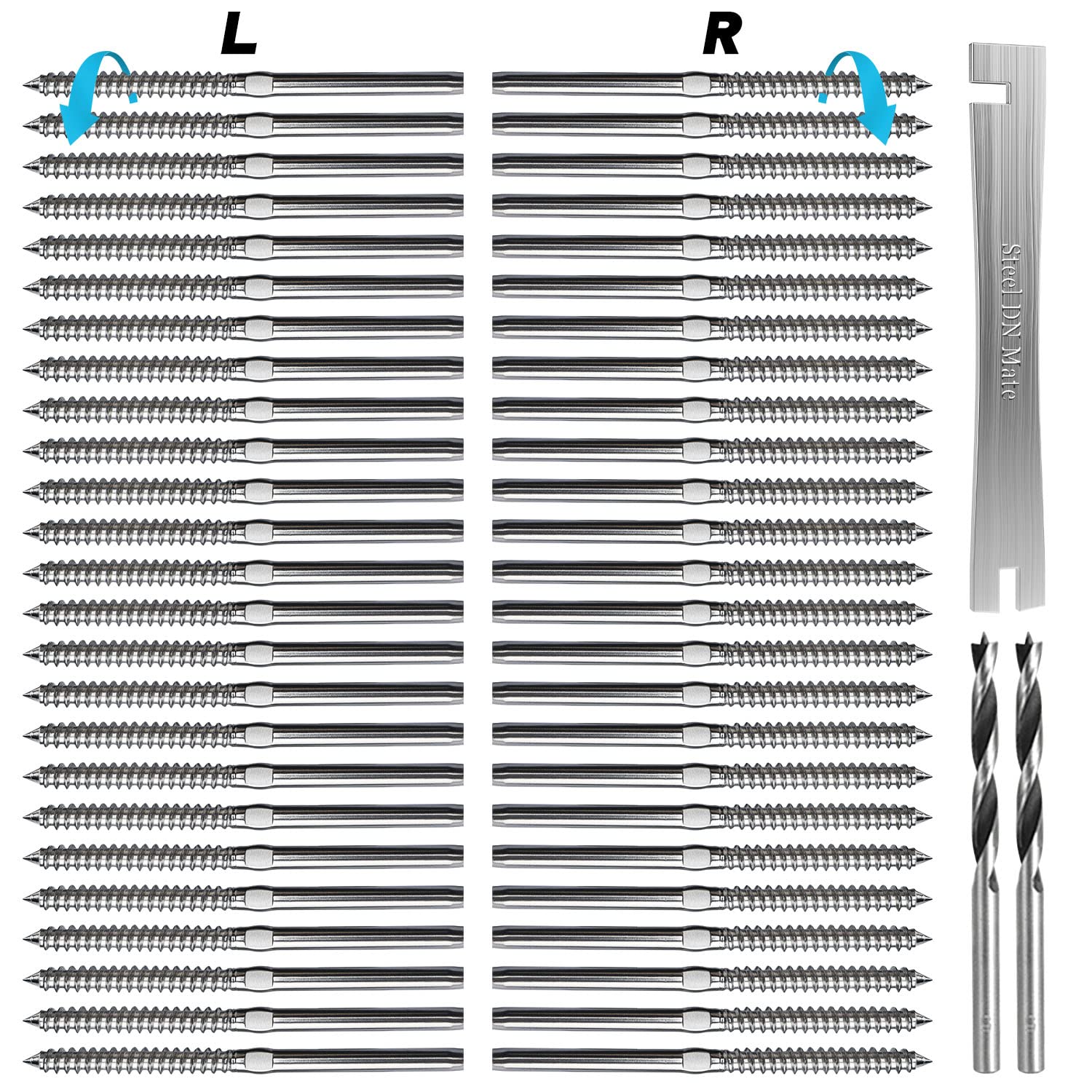 Steel DN Mate 50 Pack T316 Stainless Steel Right&Left Handed Thread Swage Lag Screws for Wood Post of 1/8" Steel Cable Railing Kit, Cable Railing Hardware, DIY Wood Baluster, Wrench Included DM25