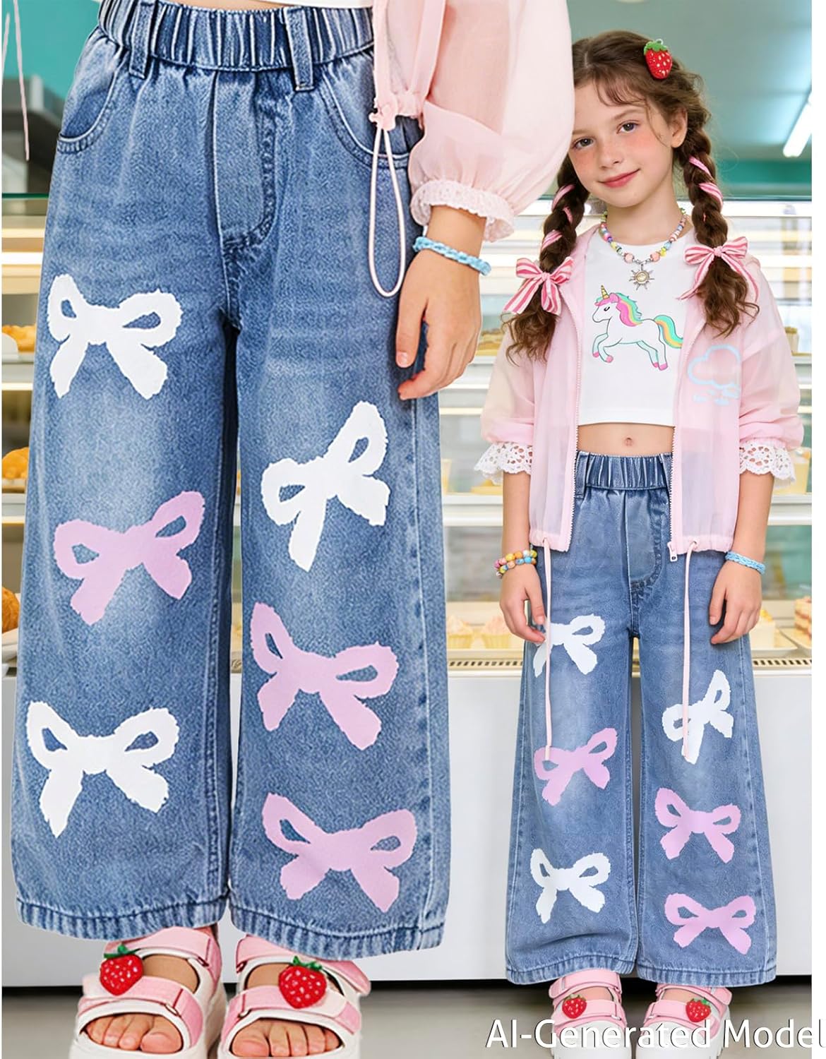Teen Girls High Waisted Wide Leg Jeans, Baggy Toddler Trousers Pants for 4-7 Years
