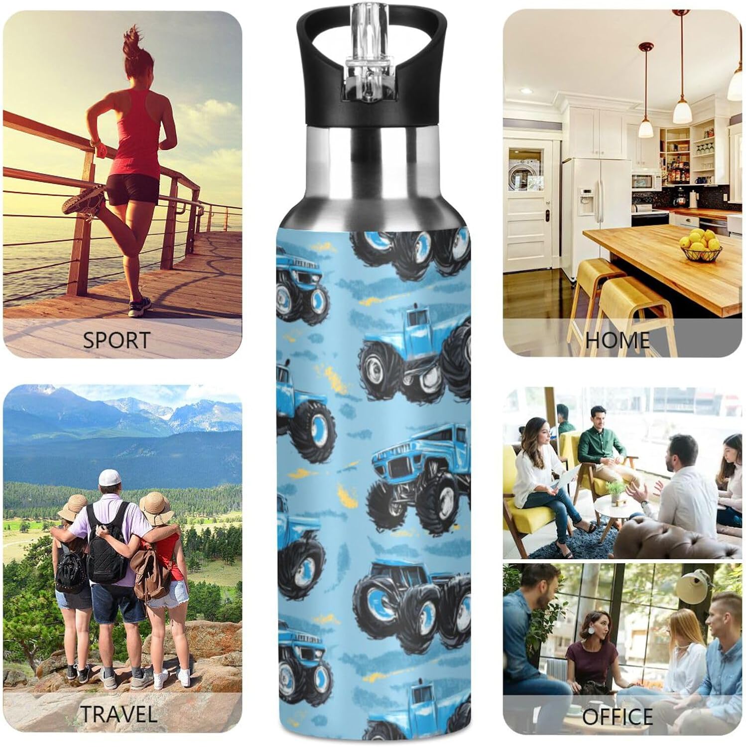 Monster Truck Water Bottle with Straw Lid Double Wall Car Bottle Vacuum Insulated Flask Stainless Steel Water Bottle for Gym Outdoor 20 OZ